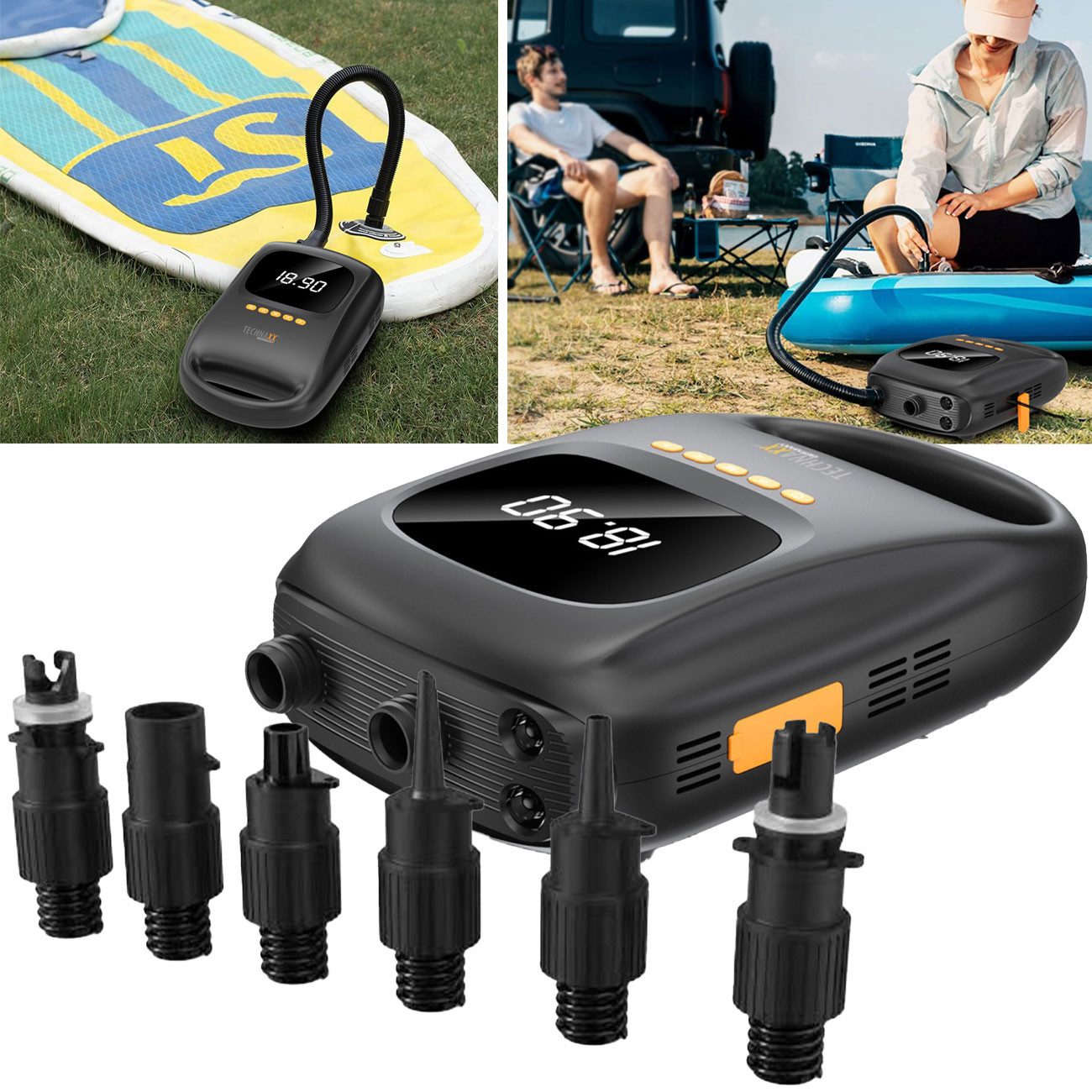 Technaxx Akku-Luftpumpe Akku-SUP-Pumpe 20 PSI, 7500mAh Powerbank, 120W, 12V/USB, 6 Düsen, 2-Stufen Akku-SUP-Pumpe bis 20 PSI mit 7500 mAh Powerbank & Auto-Stopp
