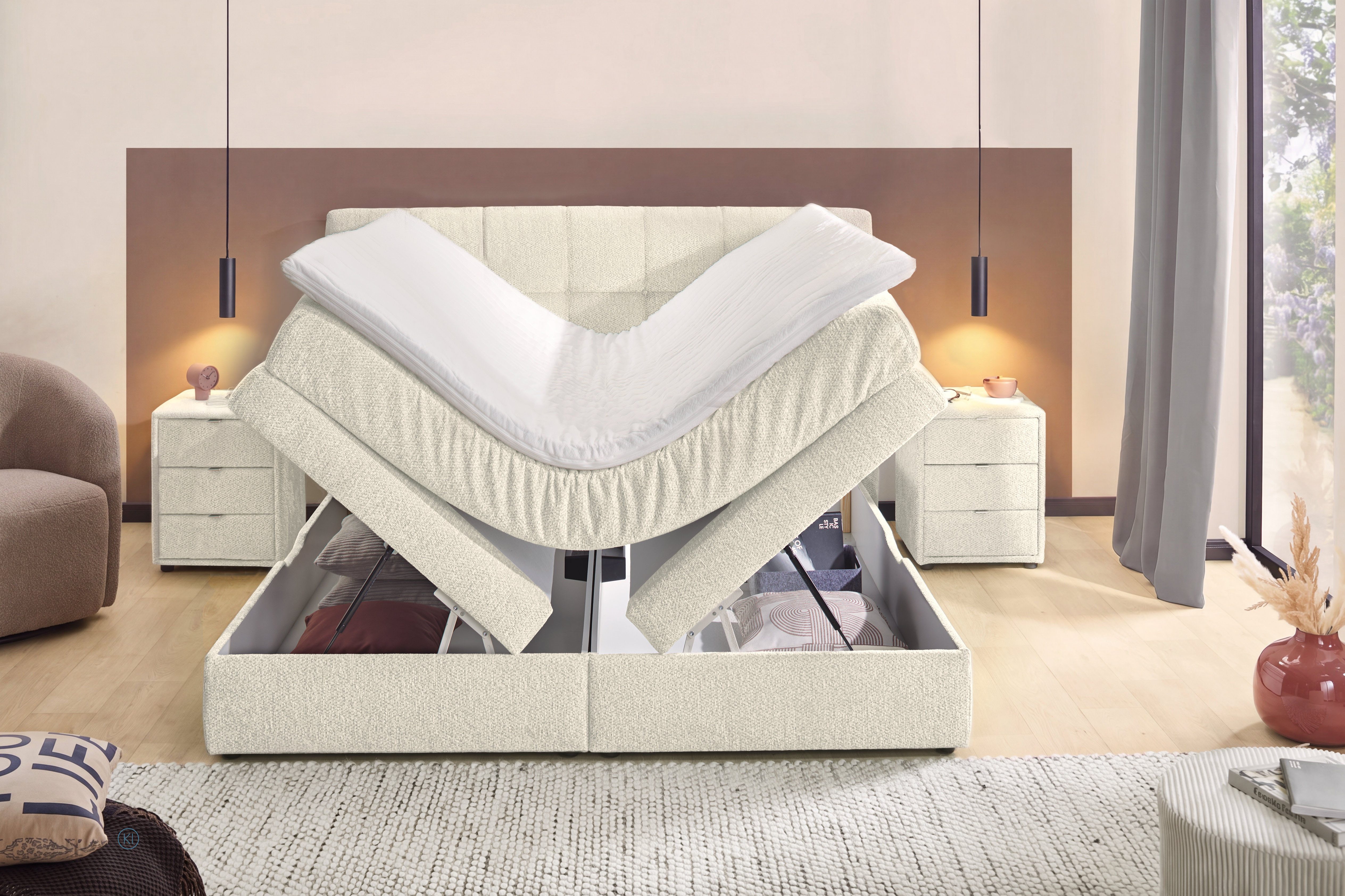 Jockenhöfer Gruppe Boxspringbett AMY mit Bettkasten, inkl. Taschenfederkernmatratze Härtegrad H3-H4, mit 6 cm Kaltschaum-Topper, Chenille-Bezug, 180x200 und 200 – Bild 3 von 5