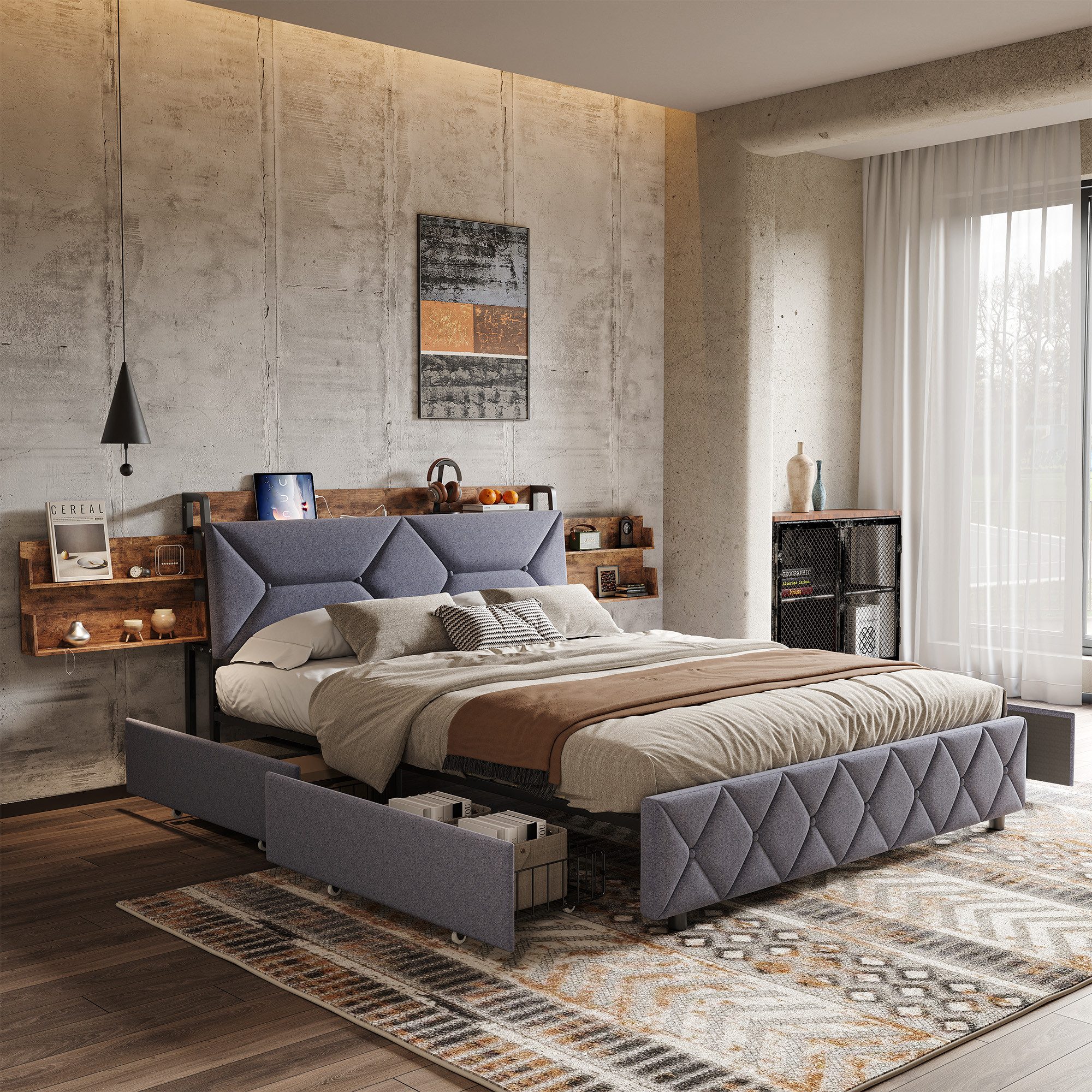 FUROKOY Stauraumbett Doppelbett Polsterbett mit 4 günstig online kaufen