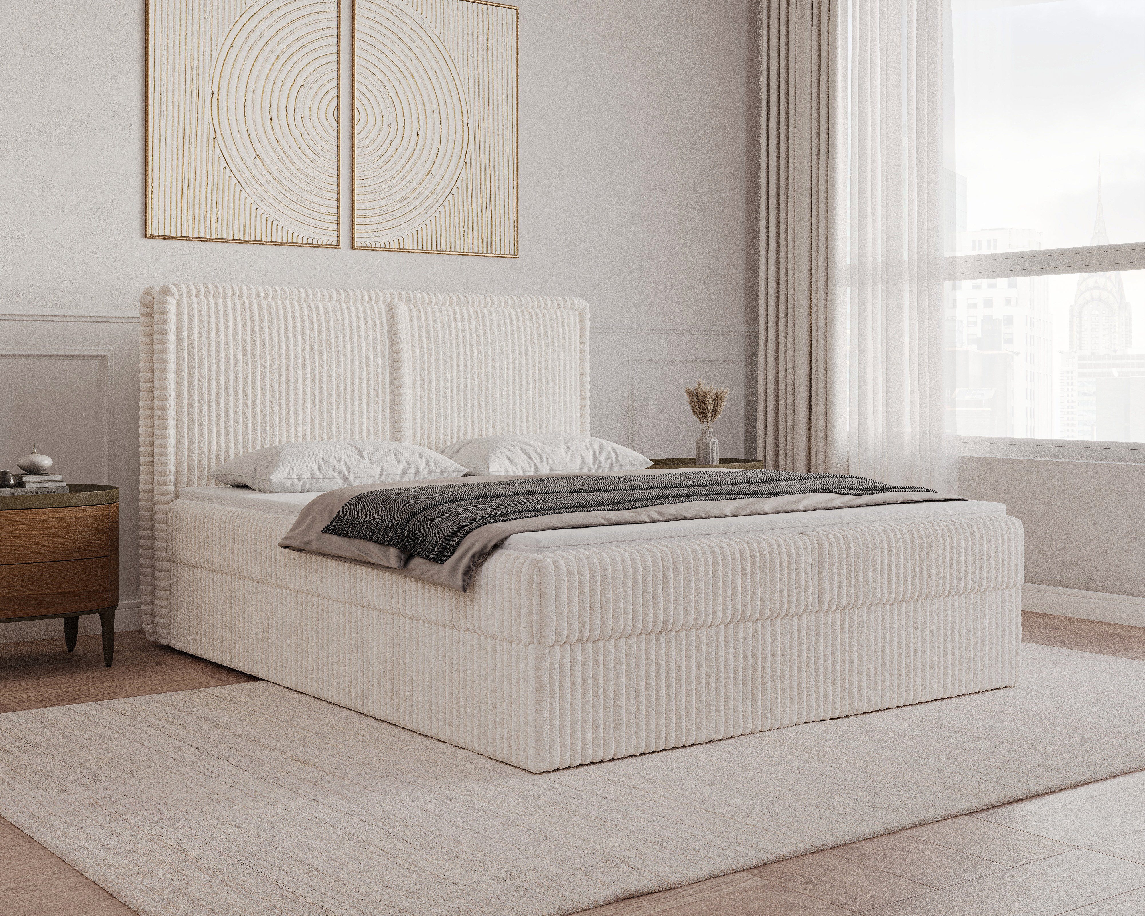 MOEBLO Boxbett BETT 04 aus Cord (mit Bettkasten und Topper – Cord Polsterbett Bett 04 mit gestepptem Kopfteil, Federmechanismus und Stauraum, Doppelbett 140x200, 160x200, 180x200 cm, Boxbett inklusive Topper und integriertem Bettkasten), (B x H x T): 143/163/183 x 113 x 214 cm