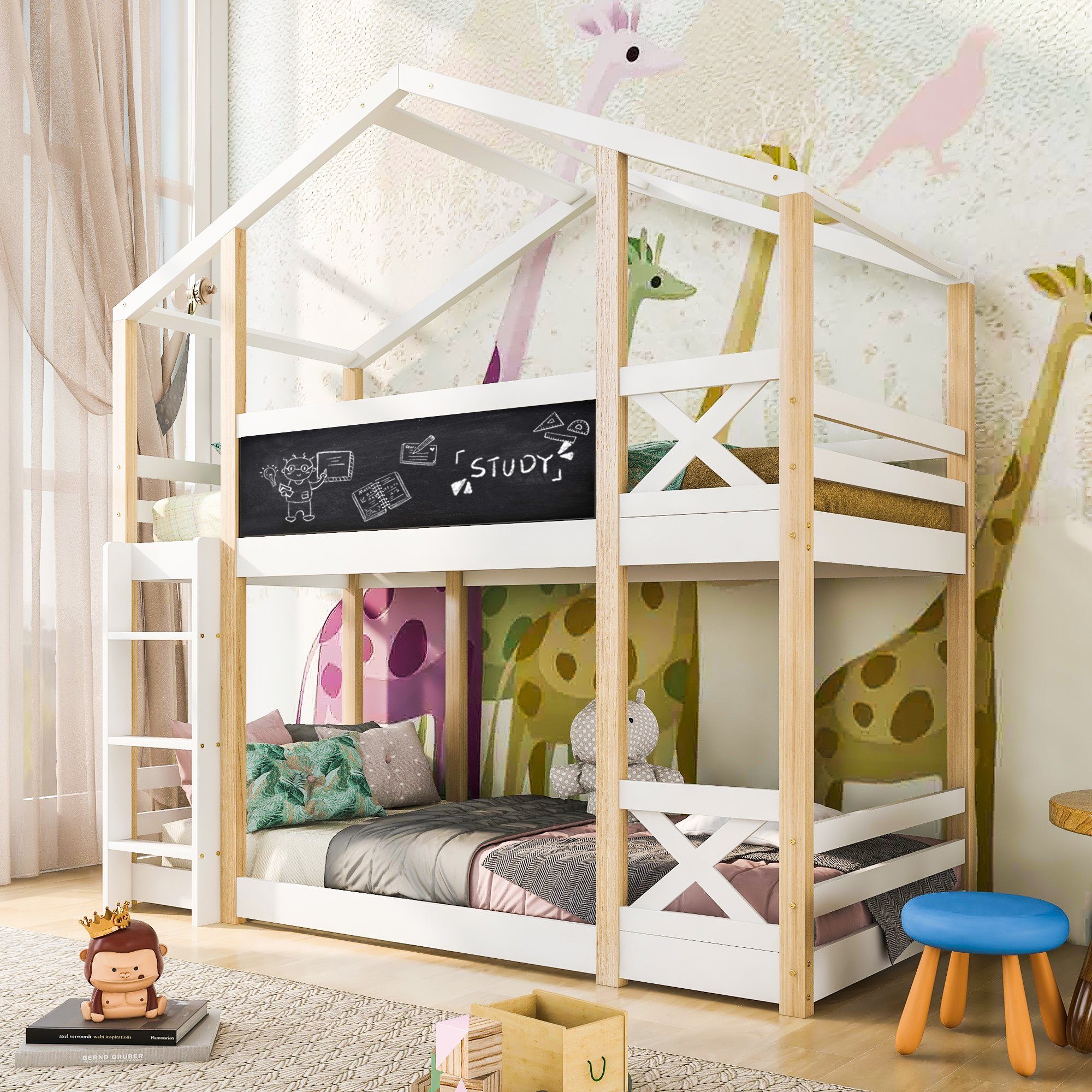 Etagenbett (Kinderbett), Hochbett mit Rausfallschutz, Trittleiter und Lattenrost, 90x200cm