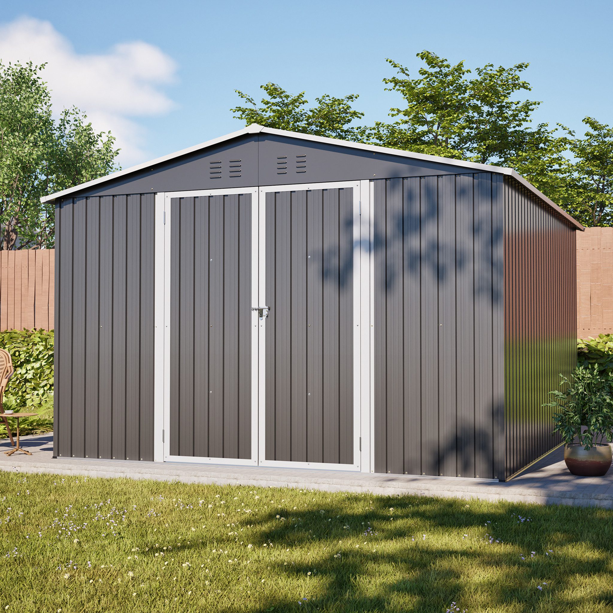 CHICFURN Gerätehaus Metall-Gerätehaus in Anthrazit mit Klapptür, BxT: 300x300 cm, (Packung, 1 St., als Gartenschuppen), 289×300×300 cm, stabil, ideal für Werkzeuge & Gartengeräte