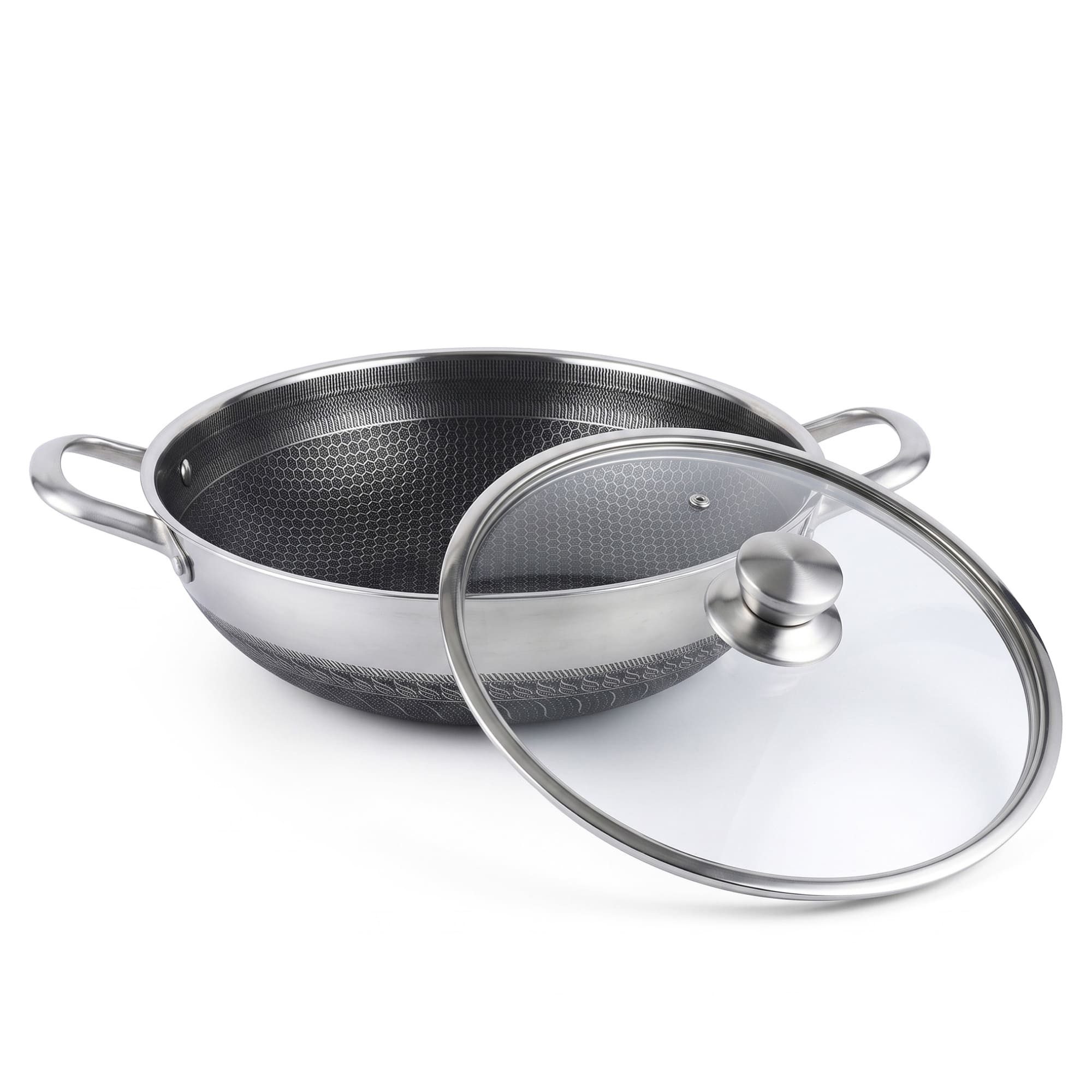 BIG-PAN Wok Wokpfanne Ø 36 cm Edelstahl Induktion Wabenstruktur-Antihaft Glaseckel