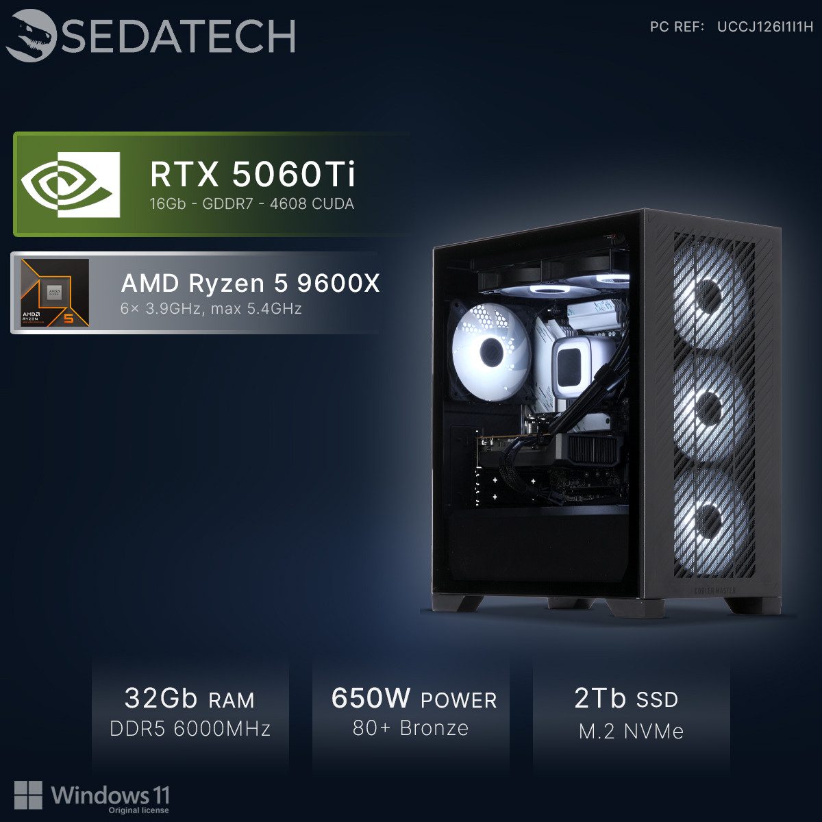 Sedatech UCCJ126I1I1HF - Watercooling Gaming-PC (AMD Ryzen 5 9600X 6x 3.9GHz (max 5.4GHz), Geforce RTX5060Ti (16G) 16GB, 32 GB RAM, 2000 GB SSD, Watercooling, Wlan 6E)