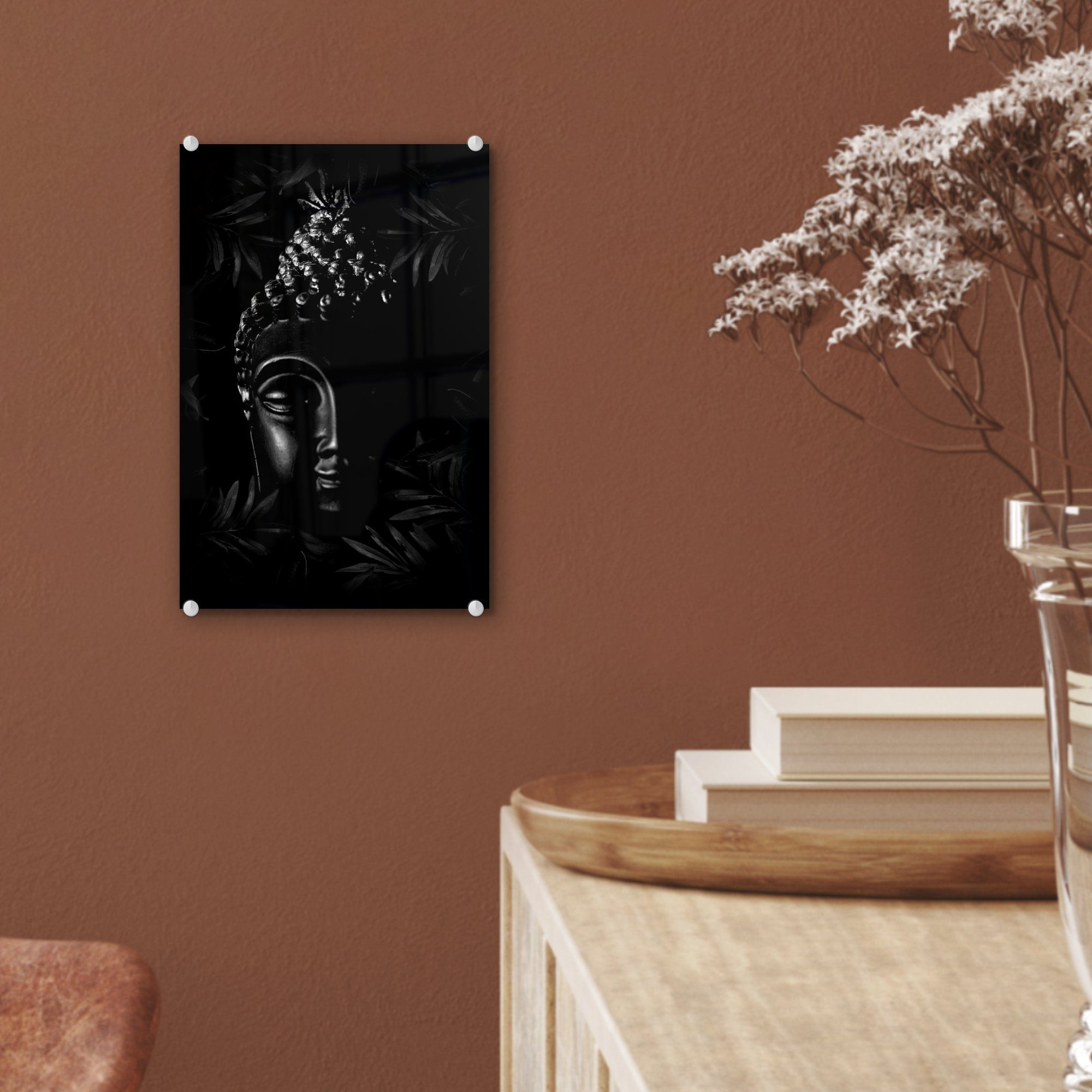 (1 - - mit eines und, Bilder im Foto Wanddekoration - auf bunt Glas Blättern Glasbilder schwarz Acrylglasbild MuchoWow St), Schatten Buddhas Kopf - auf Glas goldenen Wandbild