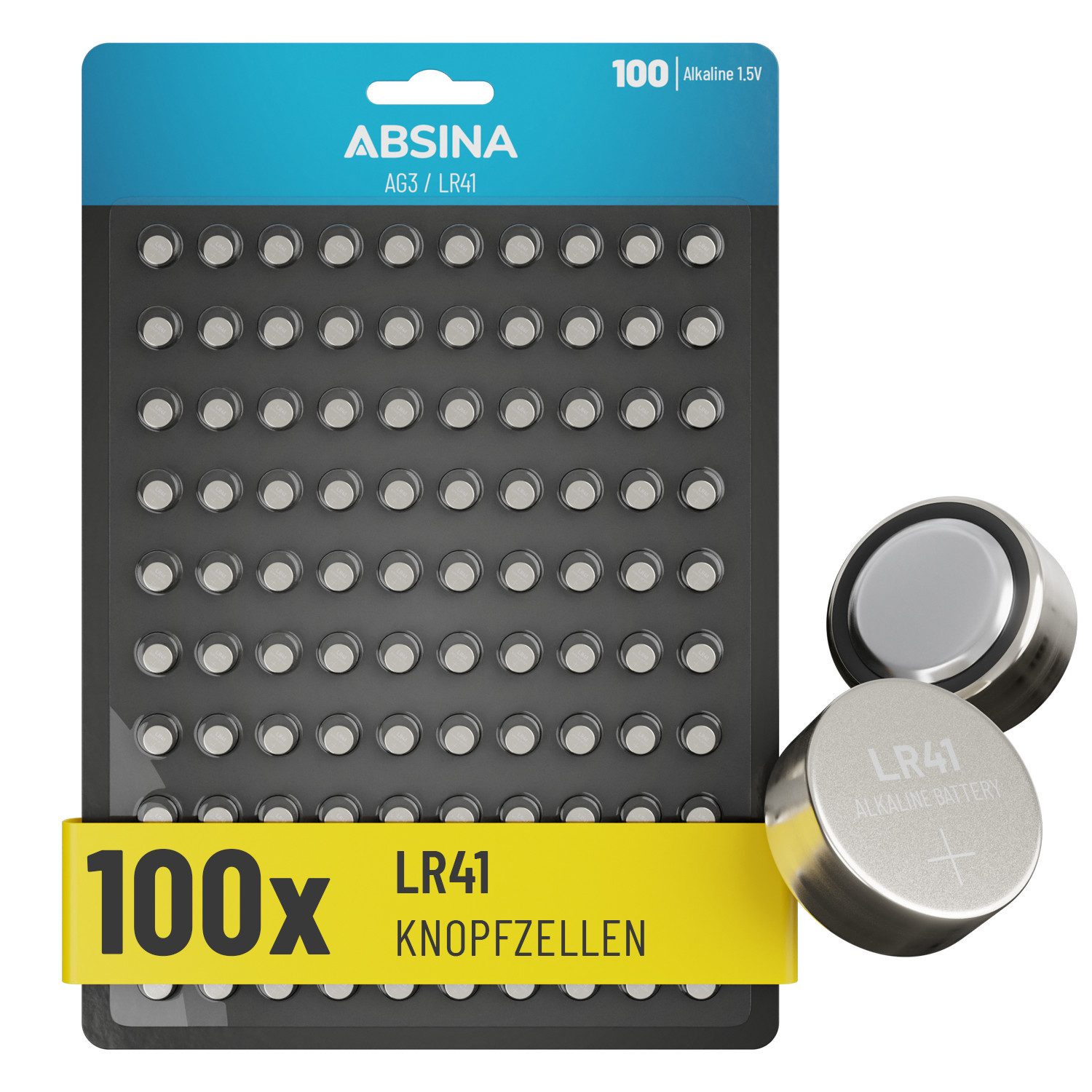 ABSINA 100x AG3 LR41 Knopfzelle 1,5V Alkaline - Knopfzellen Batterien Knopfzelle, (1,5V V, 1 St)