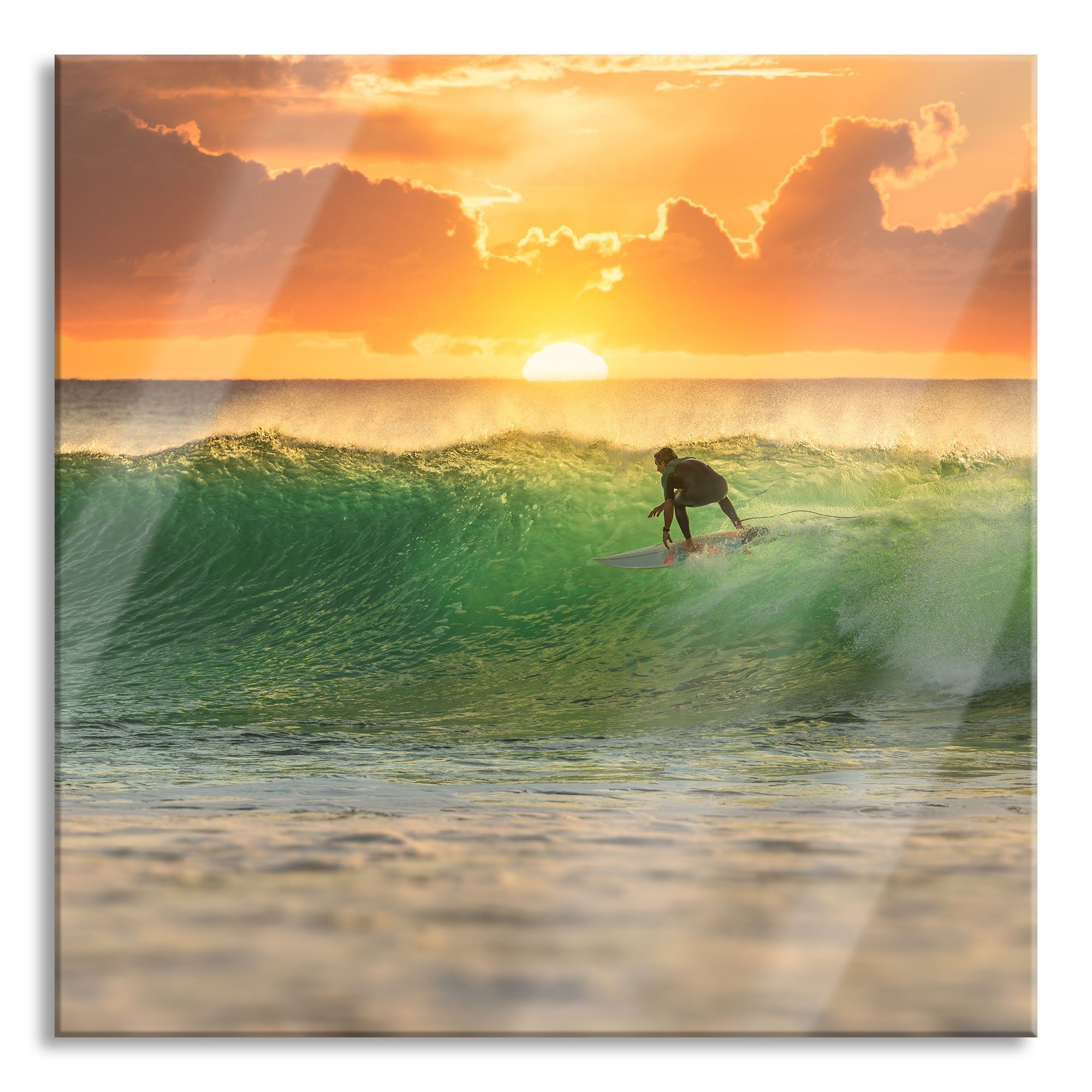 inkl. Pixxprint im Sonnenuntergang im St), Sonnenuntergang, aus Echtglas, Aufhängungen Abstandshalter Surfen Surfen (1 und Glasbild Glasbild