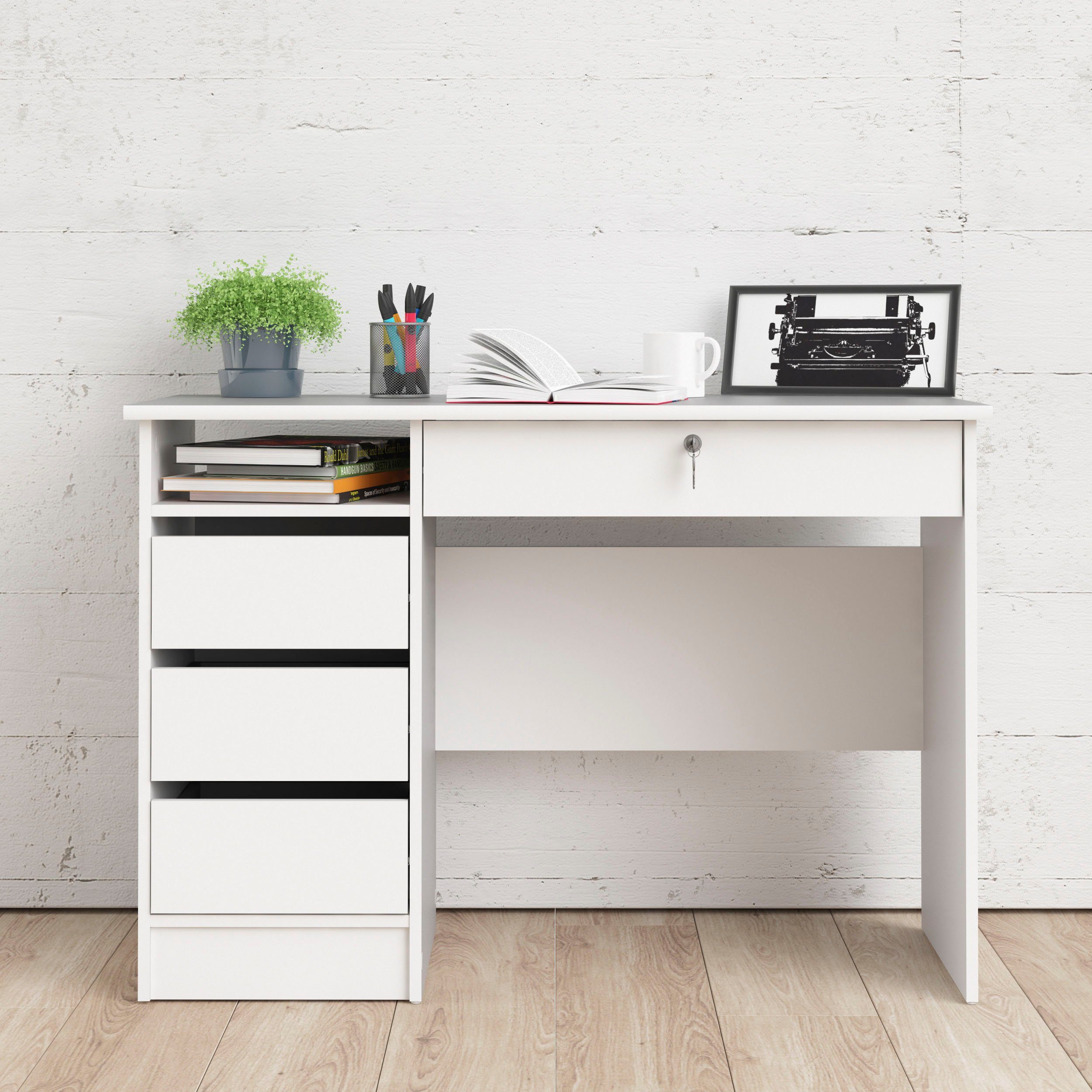 Home affaire Schreibtisch Plus, Computertisch, mit 3 Schubkästen, 1 Schublade mit Schloss, 1 Einlegeboden, modern, minimalistisch, staurum, B: 109,3 x H: 75,6 cm