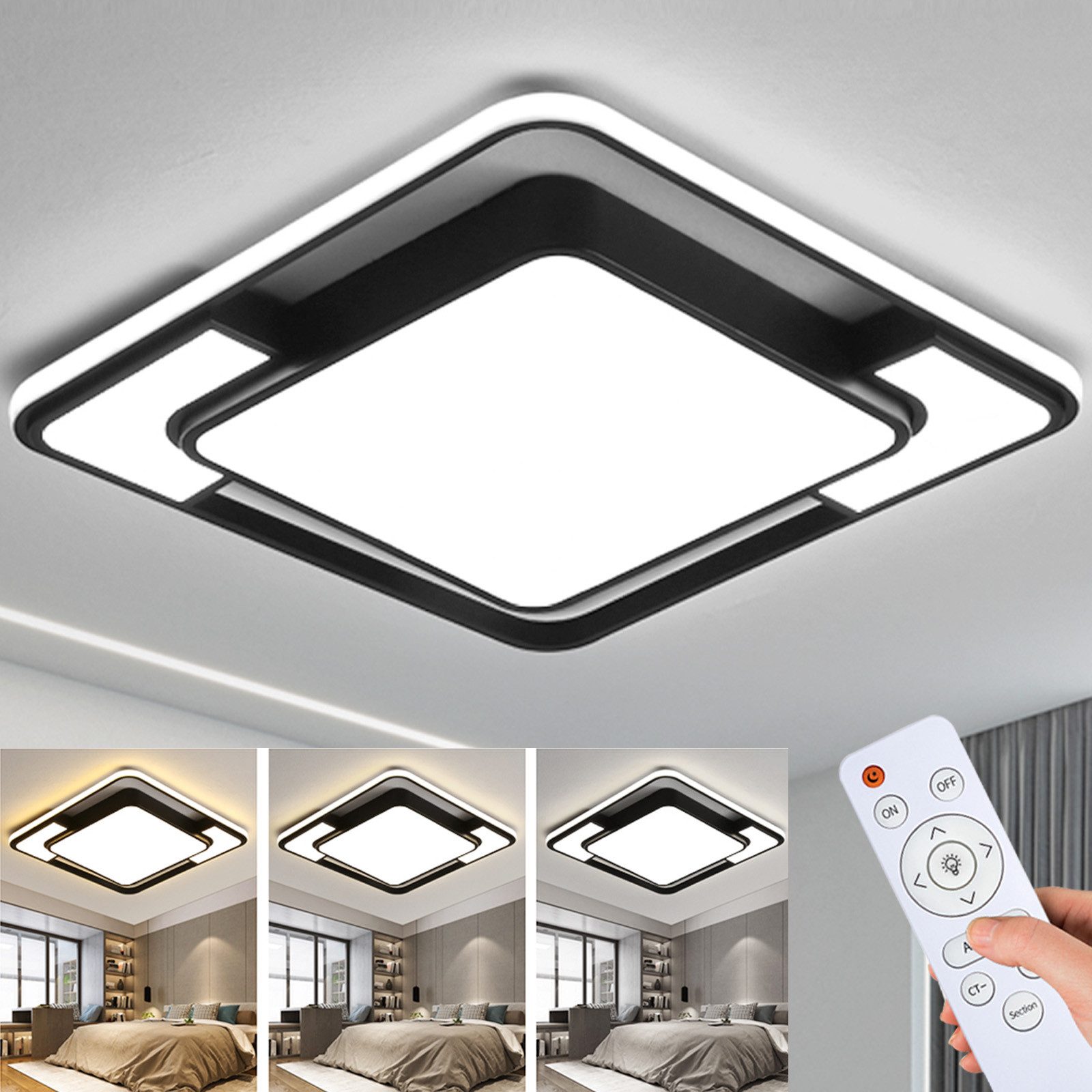 style home LED Deckenleuchte Deckenlampe aus Metal, dimmbar mit Fernbedienung, 90W, LED fest integriert, einstellbar von warmweiß bis kaltweiß, Moderne Lampe für Wohnzimmer Schlafzimmer Küche, 42x42x6cm, Schwarz