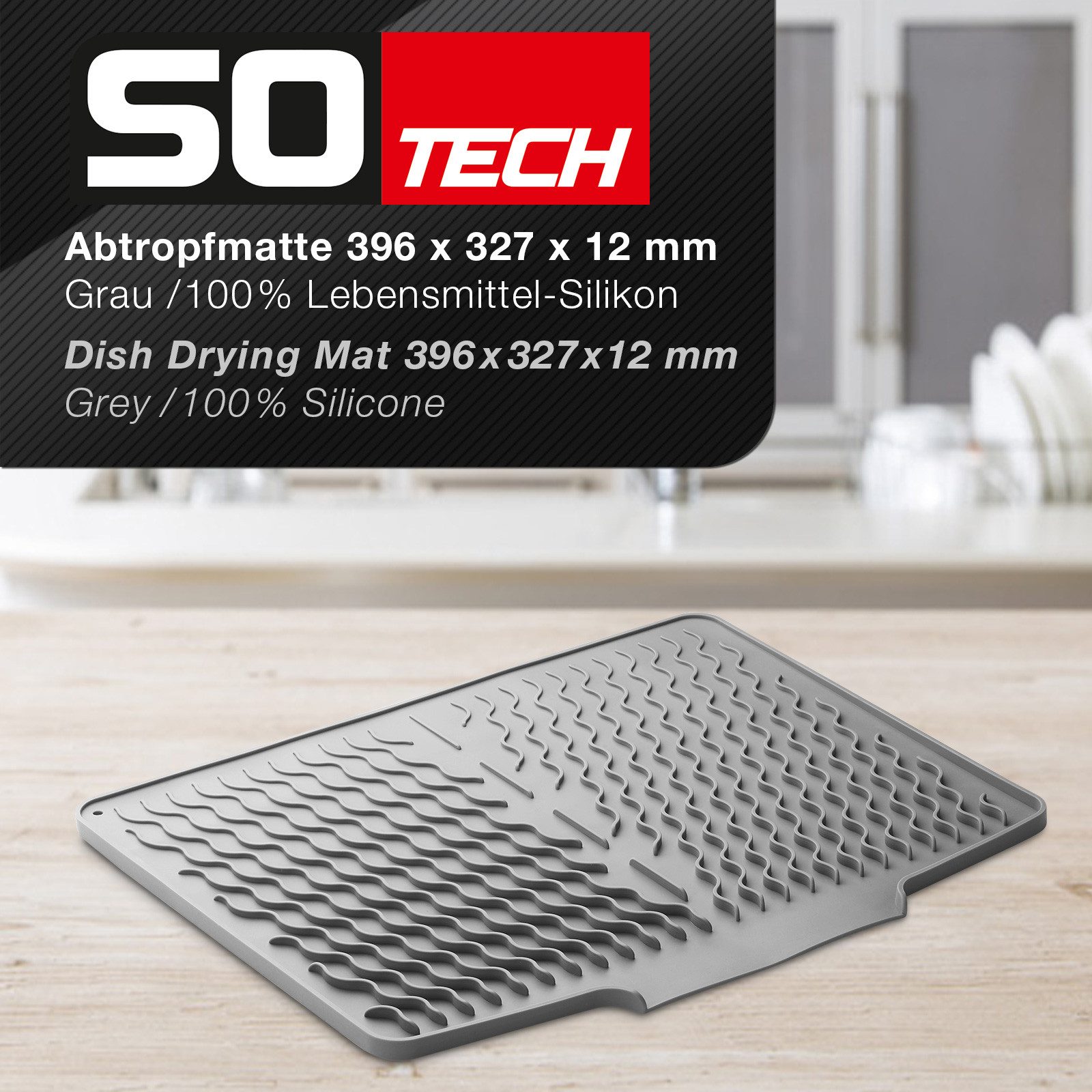 SO-TECH® Abtropfmatte Abtropfmatte 396x327mm für Geschirr & Besteck Silikon, Grau, rutschfest, hitzebeständig, spülmaschinengeeignet