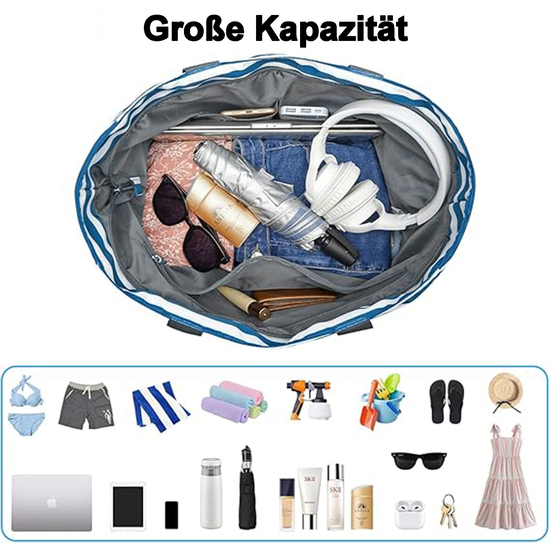 Mutig Strandtasche Große Strandtasche XXL mit Reißverschluss (wasserdichte & faltbare Badetasche, Shopper / Reisetasche / Beach Tote Bag mit mehreren Taschen), für Damen, Strand, Pool, Urlaub, Fitnessstudio & Familie