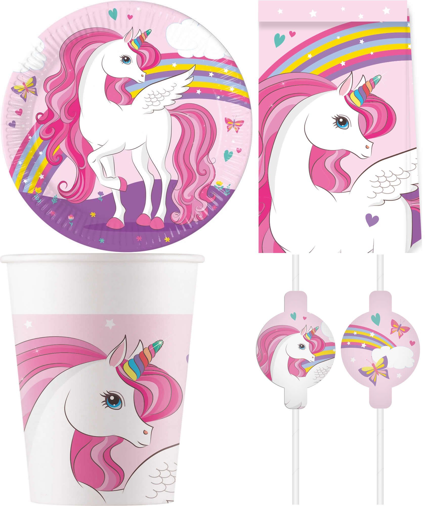 Procos Einweggeschirr-Set 32-tlg Set Kindergeburtstag Party Feier Deko Motto Regenbogen Einhorn (32-tlg), 8 Personen