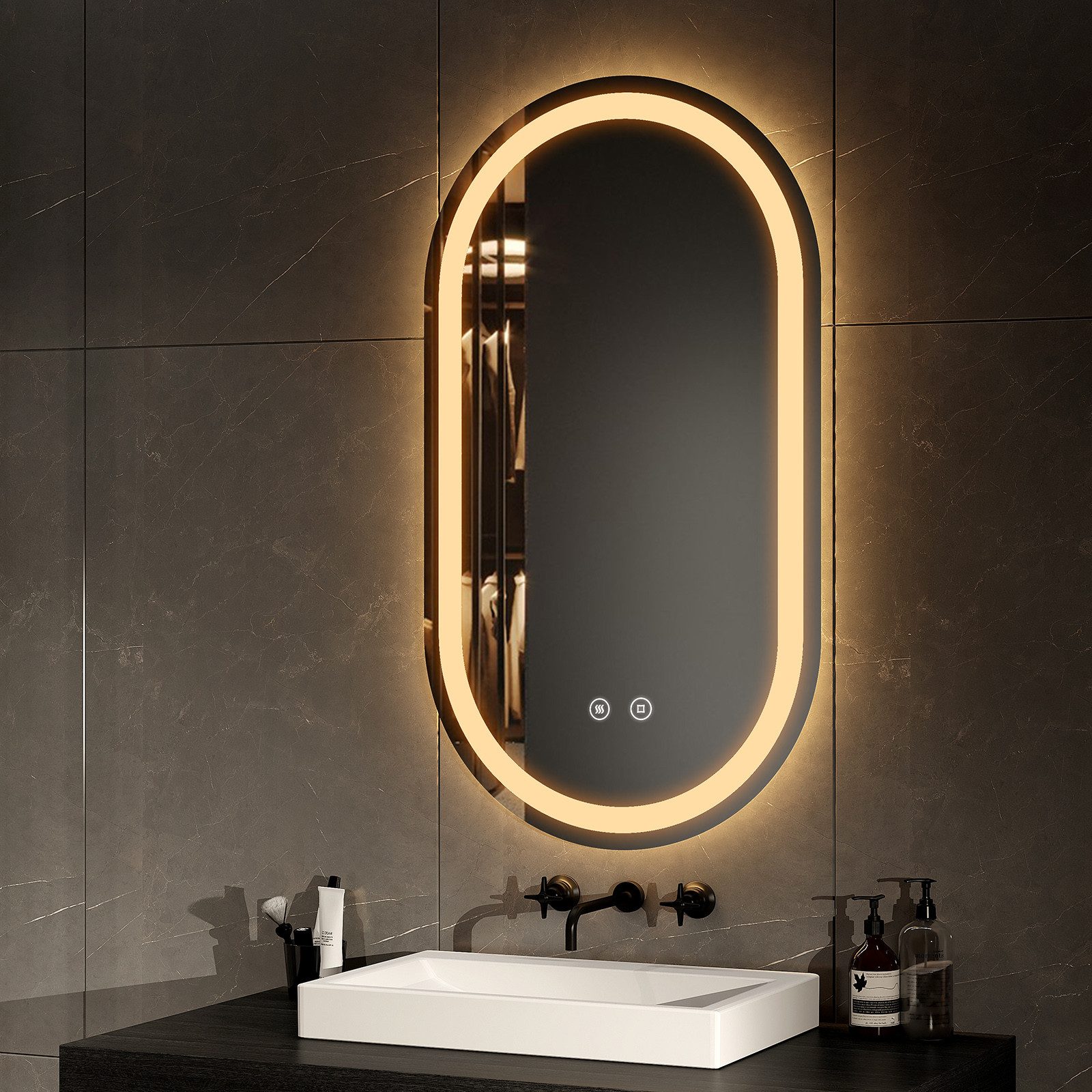 EMKE Badspiegel mit Touch 3 Lichtfarben Dimmbar Antibeschlag (50X90 CM, Horizontal/Vertikal möglich), Kalt/Neutral/Warmweiß Licht IP44