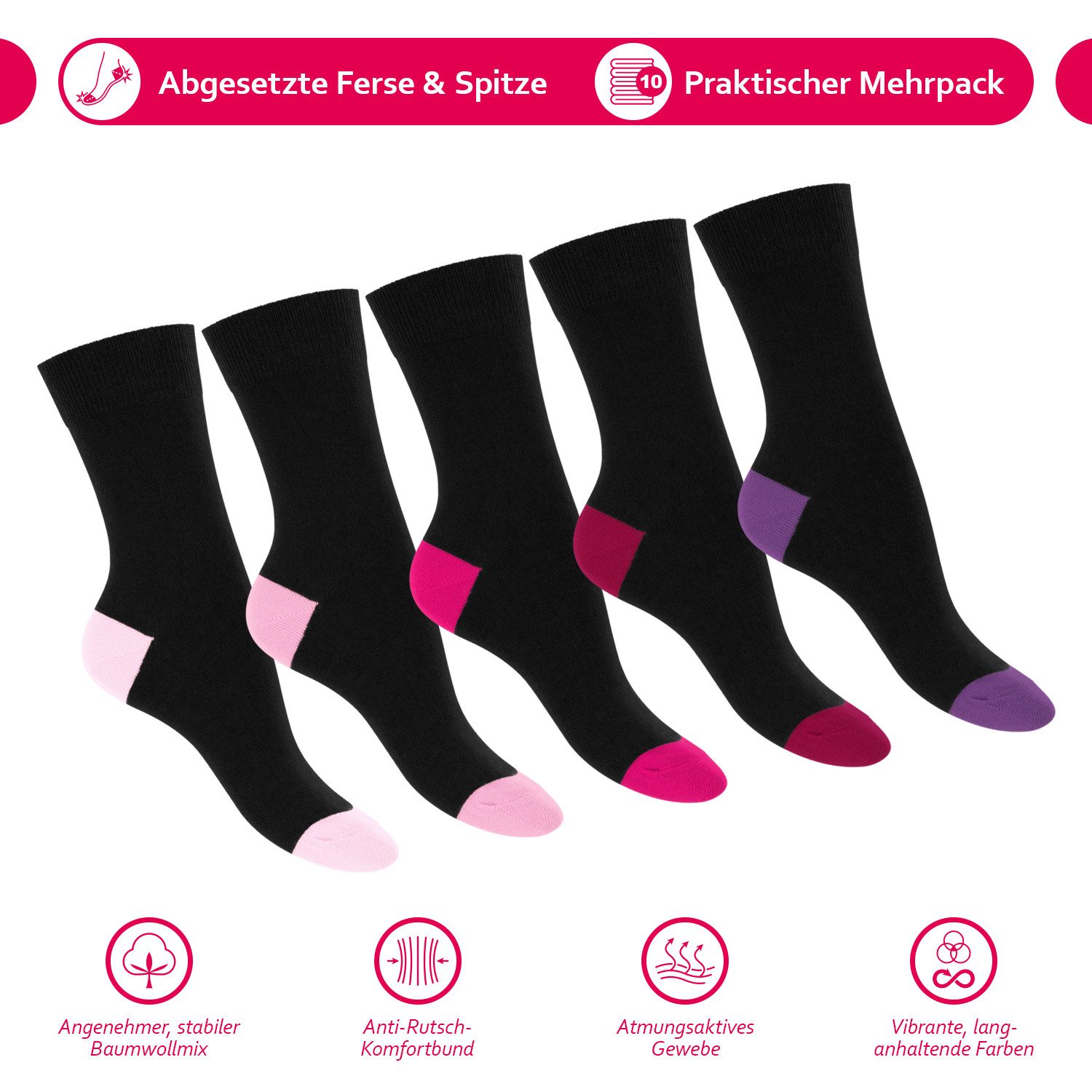 Footstar Basicsocken Damen & Herren Baumwollsocken abgesetzte Ferse/Spitze (10 Paar)