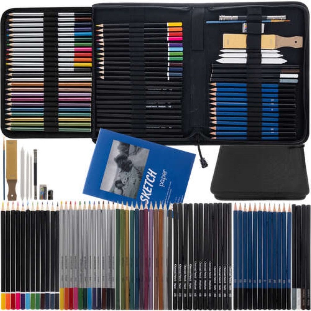 MAALEO Bleistift XXL 74-tlg. Skizzier- Malset im Etui – für Künstler & Hobbyzeichner, (Komplettes Skizzier- und Malset mit Bleistiften, Pastellstiften und mehr., 74-tlg., Künstler-Set im Etui mit Skizzierstiften, Kohle und Zubehör), 74-teiliges Set, perfekt organisiert im eleganten schwarzen Stoffetui.