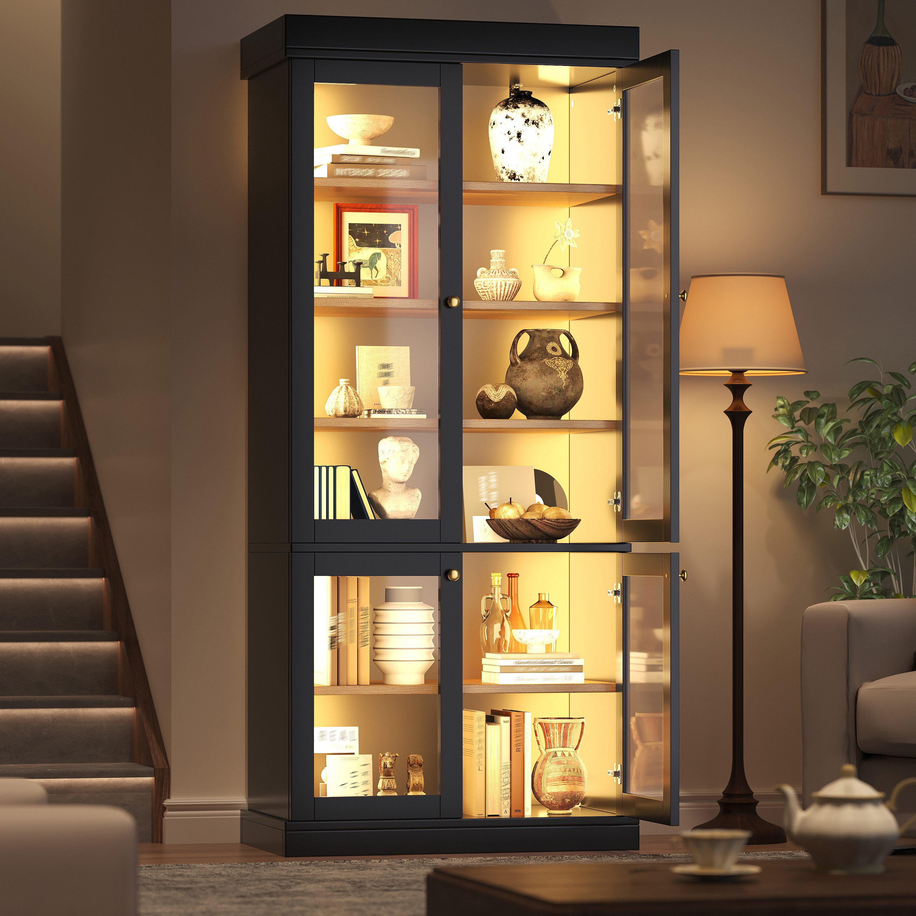 i@home Vitrine Vitrinenschrank mit LED und Glasvitrine (Hochschrank mit Stauraum, 1-St) Standvitrine für Wohnzimmer und Flur 180 cm, Kippschutz