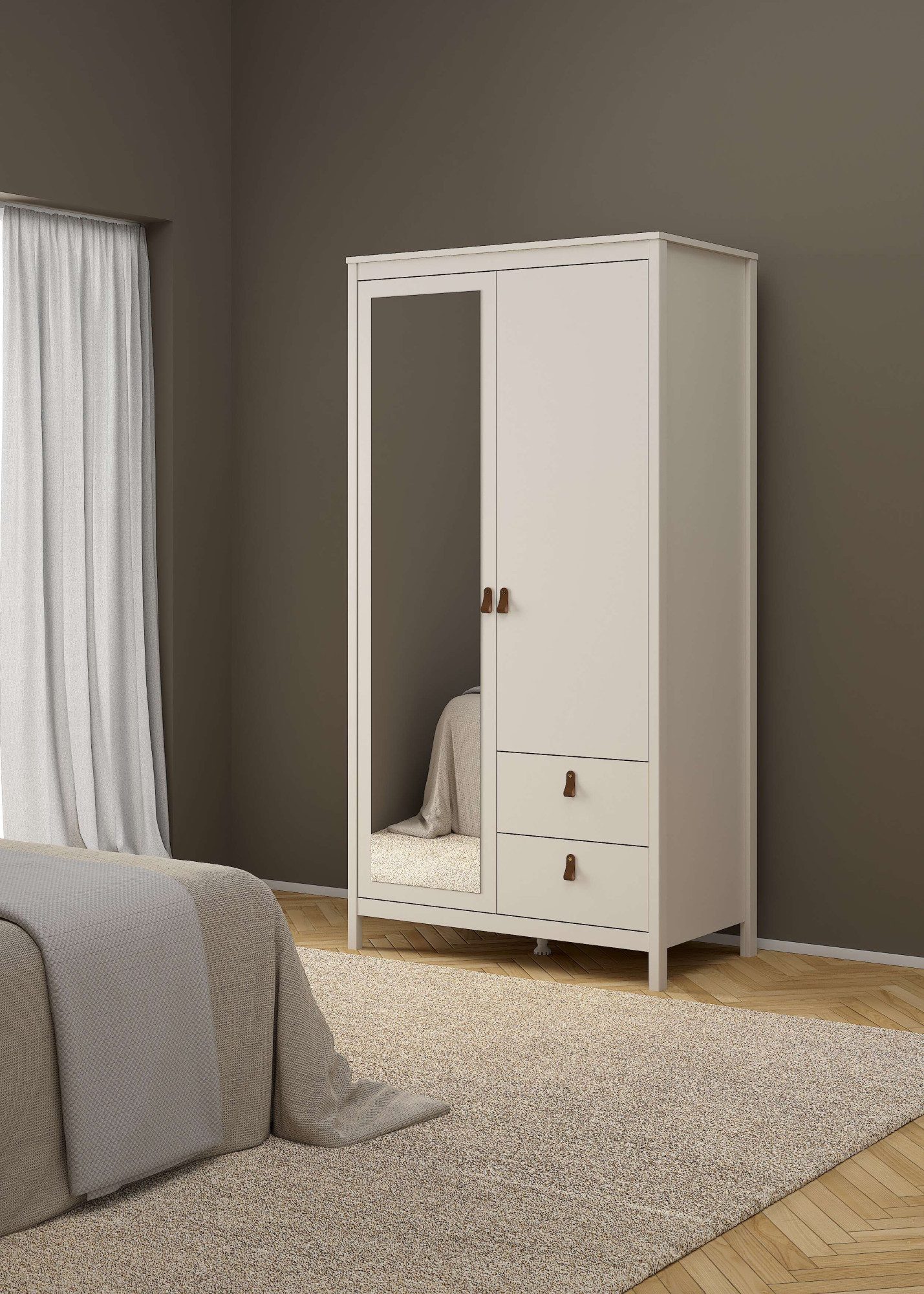 Home affaire Drehtürenschrank Madrid, Schrank, Kleiderschrank Skandinavisches Design, Wahlweise Leder- oder Metallgriffe, Spiegel