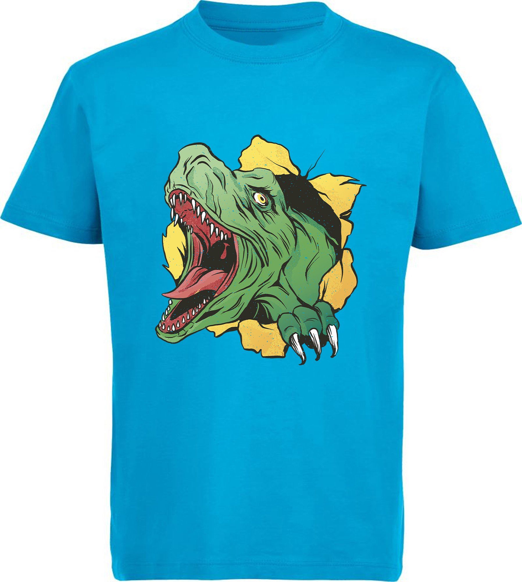 rot, schwarz, blau, Baumwollshirt Dino, T-Shirt mit aqua blau Print-Shirt i68 MyDesign24 Kinder T-Rex bedrucktes weiß, Kopf mit