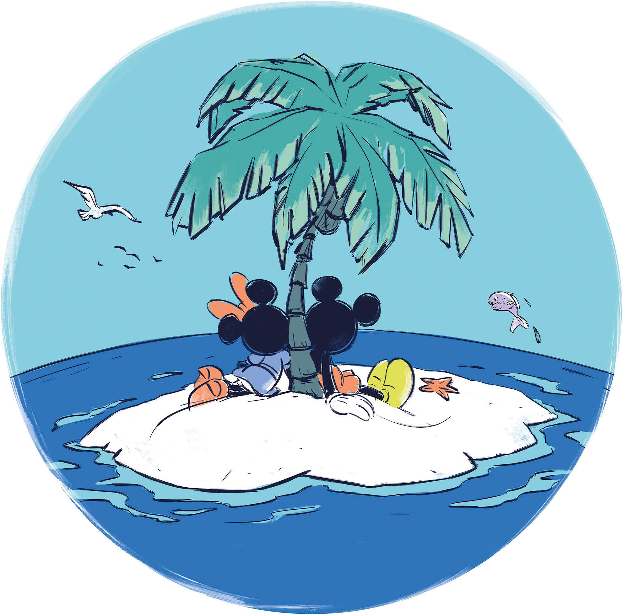 Komar Wandtattoo selbstklebendes Vlies, Mickey and Minnie Beach Vacation,Gr.125x125 cm (1 St), Künstler: Komar, rund und selbstklebend