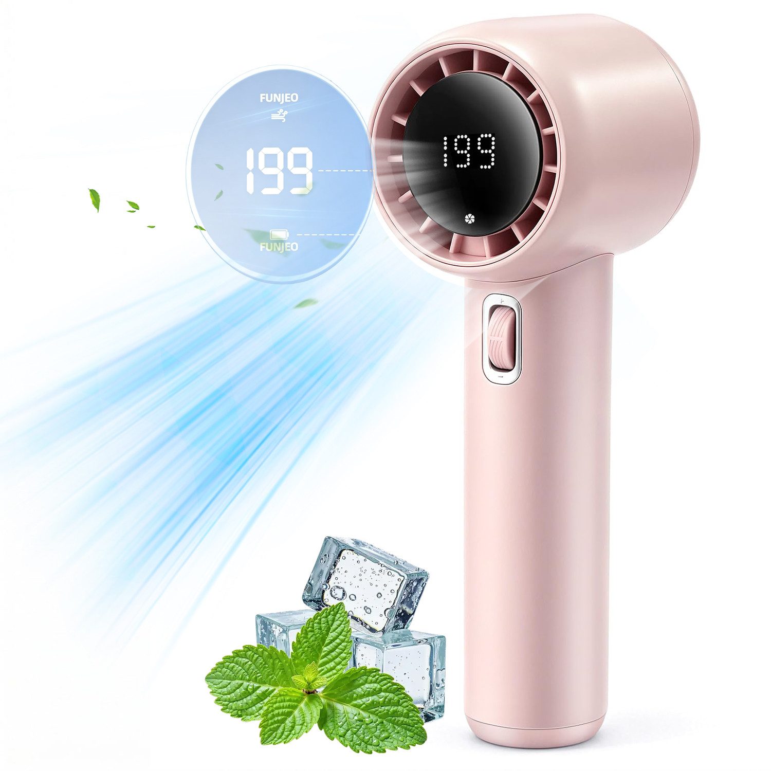 MOPUEA Handventilator Tragbarer Handventilator mit LED, 199 Stufen, Präzise Geschwindigkeit, Turbo Luft, Leicht, Kompakt