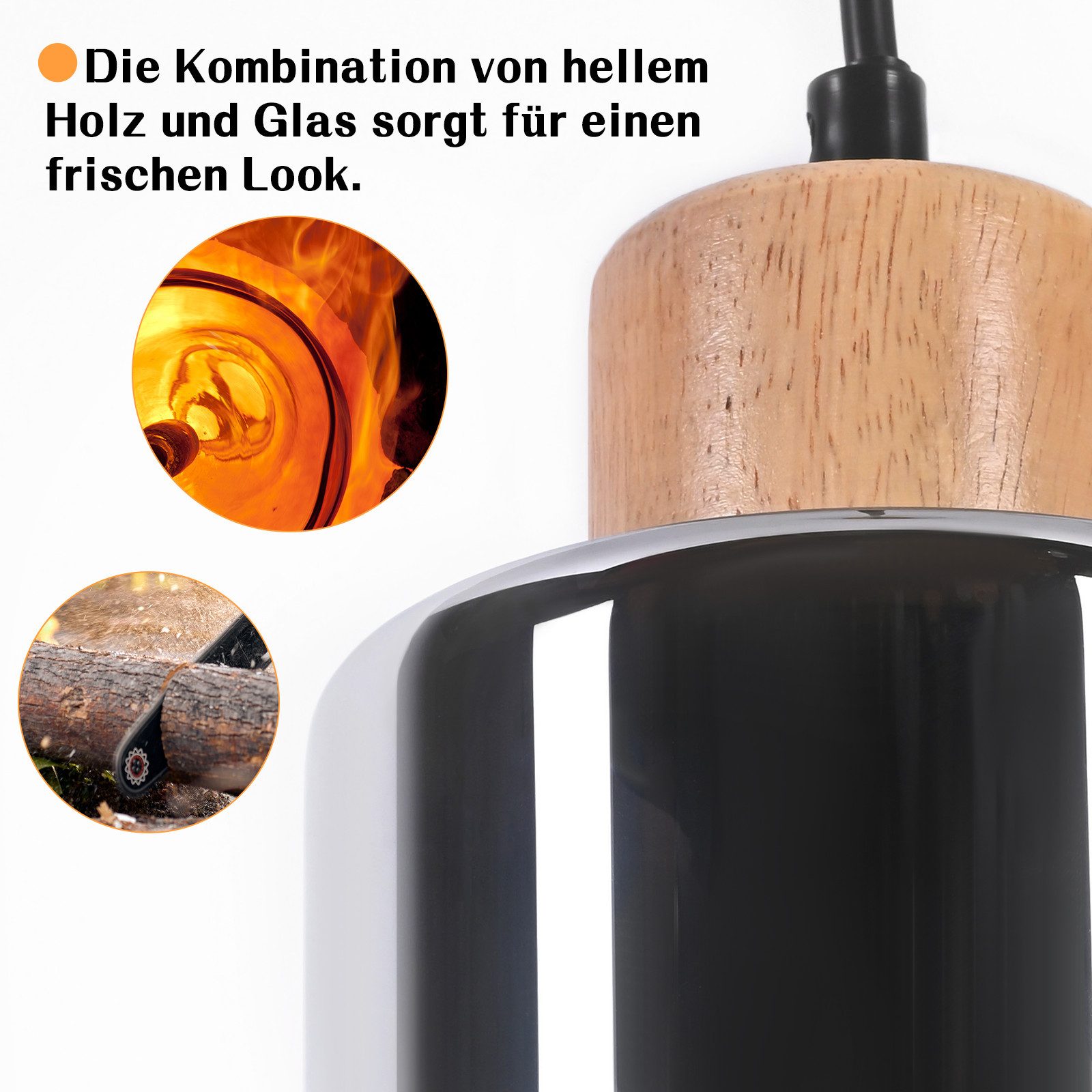 ZMH Pendelleuchte Holz 1/3/4 flammig,Hängelampe E27 aus Rauchglas, ohne Leuchtmittel, höhenverstellbare hängeleuchte für Esstisch und Esszimmer – Bild 5 von 5