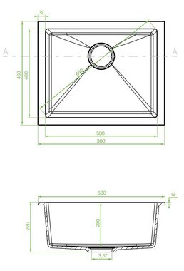 KOLMAN Küchenspüle Einzelbecken Ibiza Granitspüle, Rechteckig, 56/46 cm, Schwarz, Space Saving Siphon GRATIS