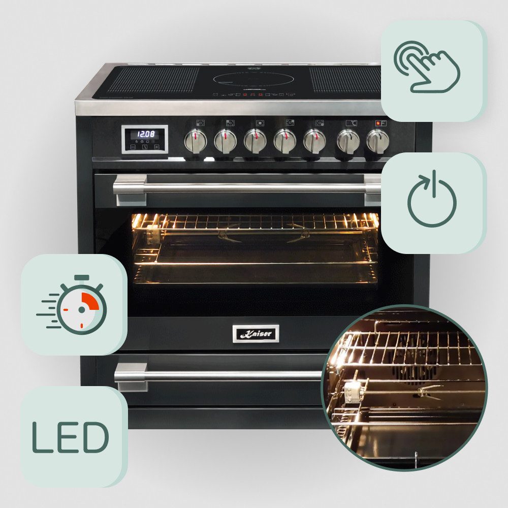 Kaiser Küchengeräte Induktions-Standherd Elektro Standherd mit Induktionskochfeld 90 cm, 8 Multifunktions, 115 L+Grilplatte HC 93691 IS +Grilplatte., mit 1-fach-Teleskopauszug