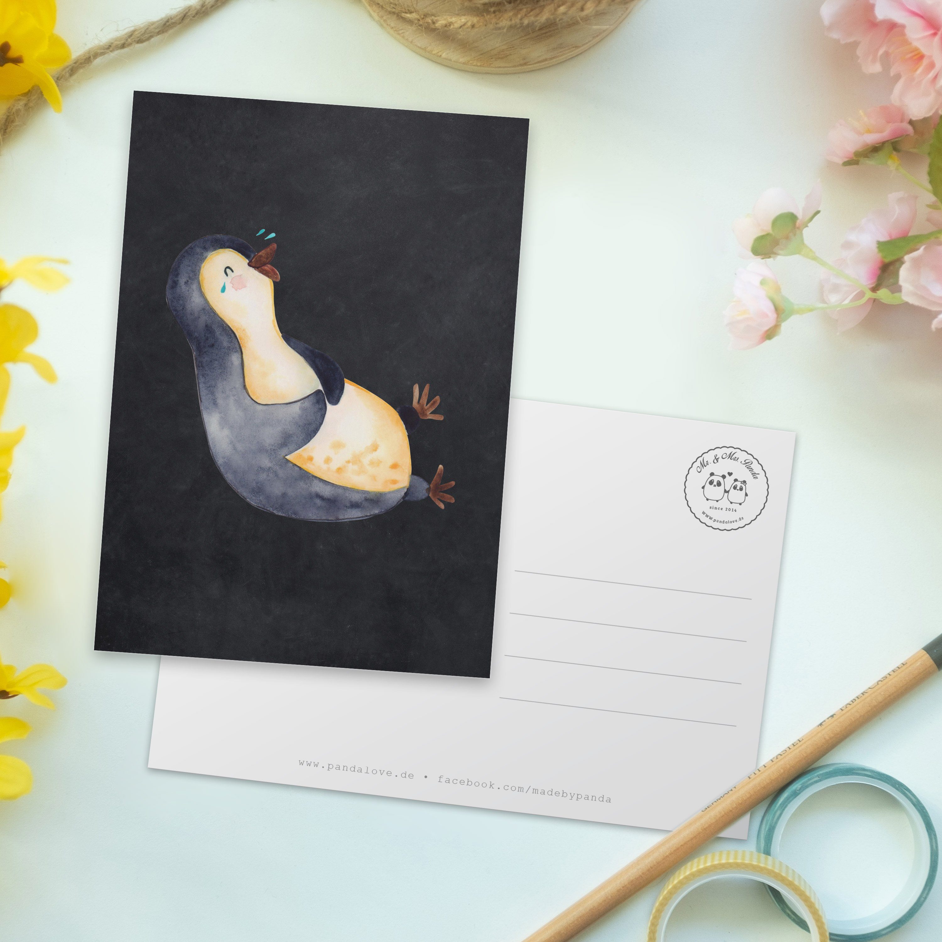 Einladungs Pinguin Geschenk, Kreidetafel - lachend Panda & lustiger Mr. Spruch, - Postkarte Mrs.