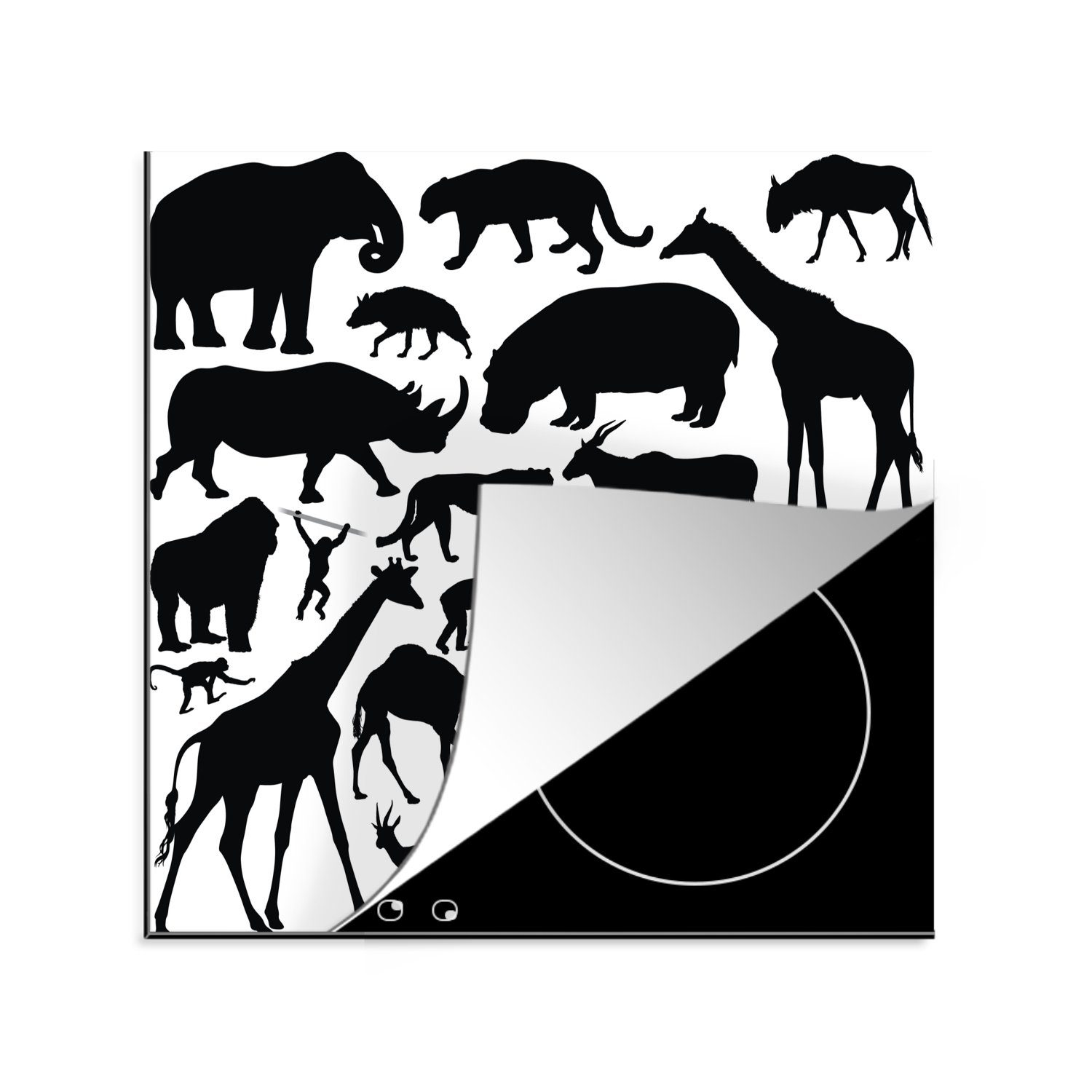 MuchoWow Herdblende-/Abdeckplatte Eine Silhouettenillustration der Big Five und anderer Tiere, Vinyl, (1 tlg), 78x78 cm, Ceranfeldabdeckung, Arbeitsplatte für küche