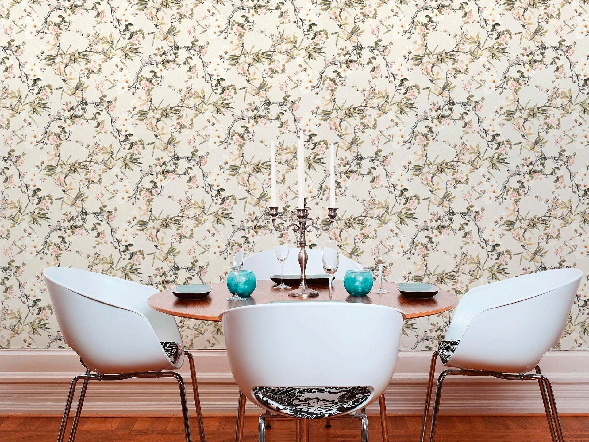 Bricoflor Vintage Blumentapete mit Vögeln für Schlafzimmer und Küche Kirsch günstig online kaufen