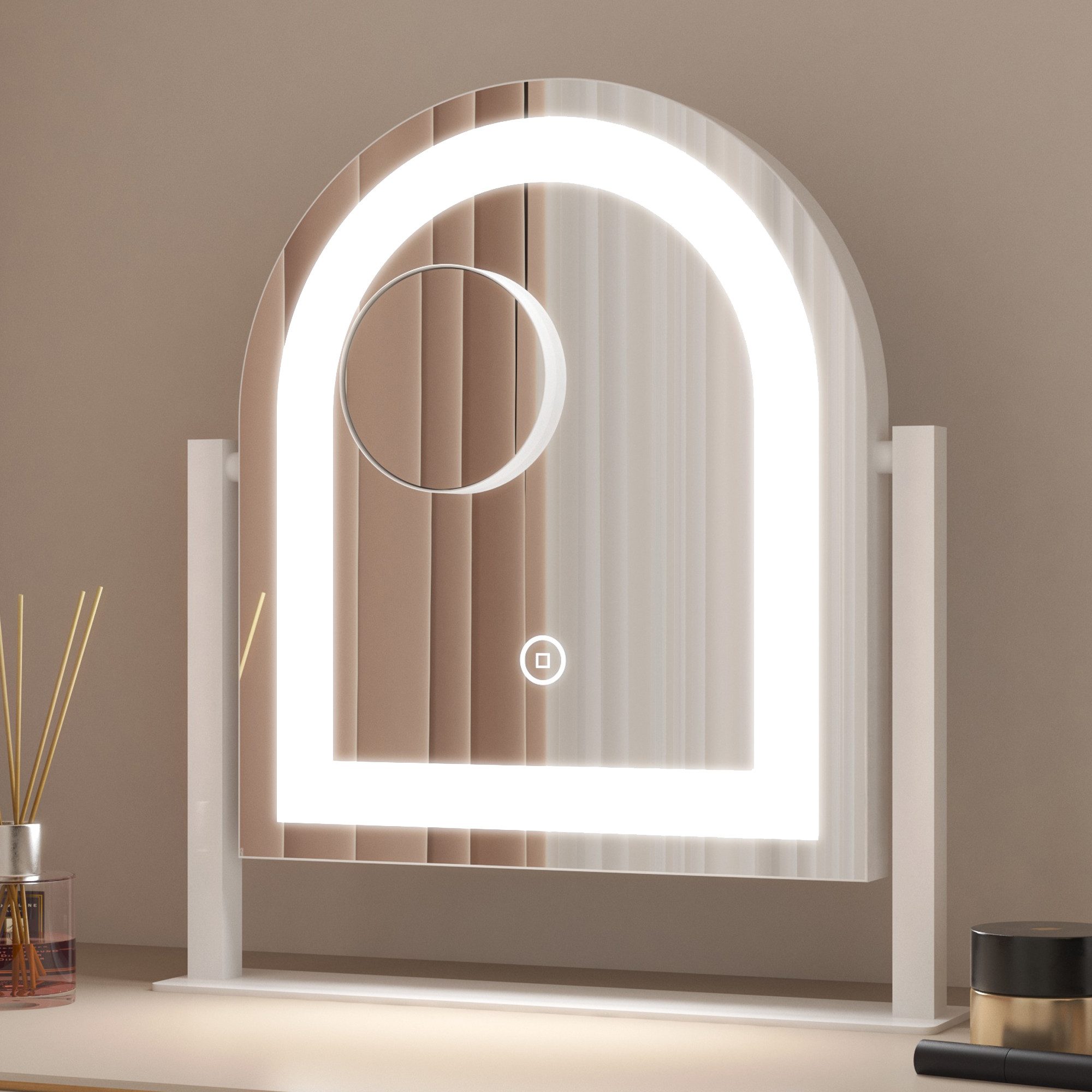 WDWRITTI Schminkspiegel mit Beleuchtung für tisch Kosmetikspiegel 3Lichtfarben Dimmbar Touch (Tischspiegel Rechteckig Rundbogen, mit LED, Touch), HD Kupfer- und bleifreier Spiegel, Stabile Standfuß