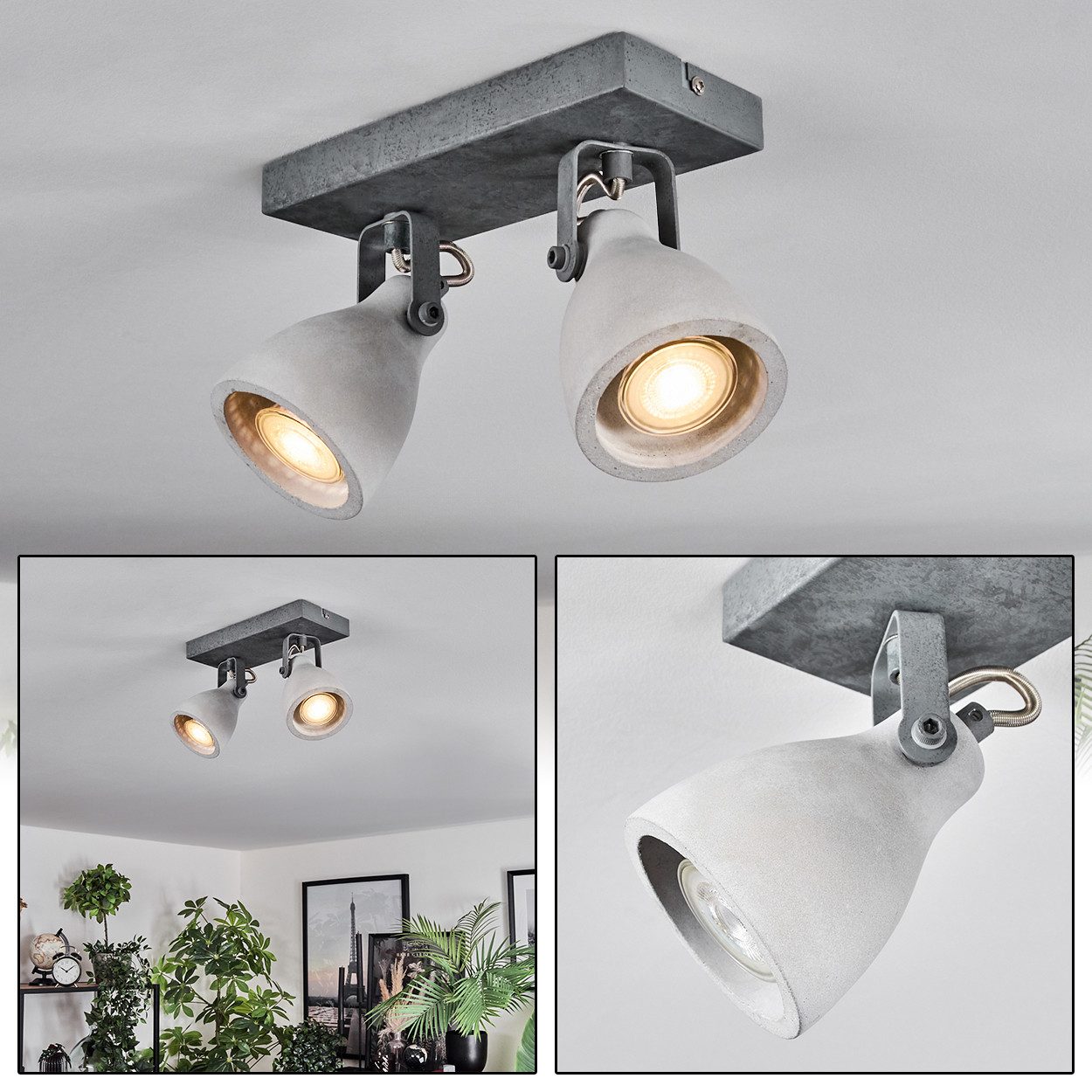 hofstein Deckenleuchte moderne Deckenlampe aus Metall/Beton in Grau/Stahlfarben gebürstet, ohne Leuchtmittel, industrial Design, verstellbare Strahler, 2 x GU10, ohne Leuchtmittel