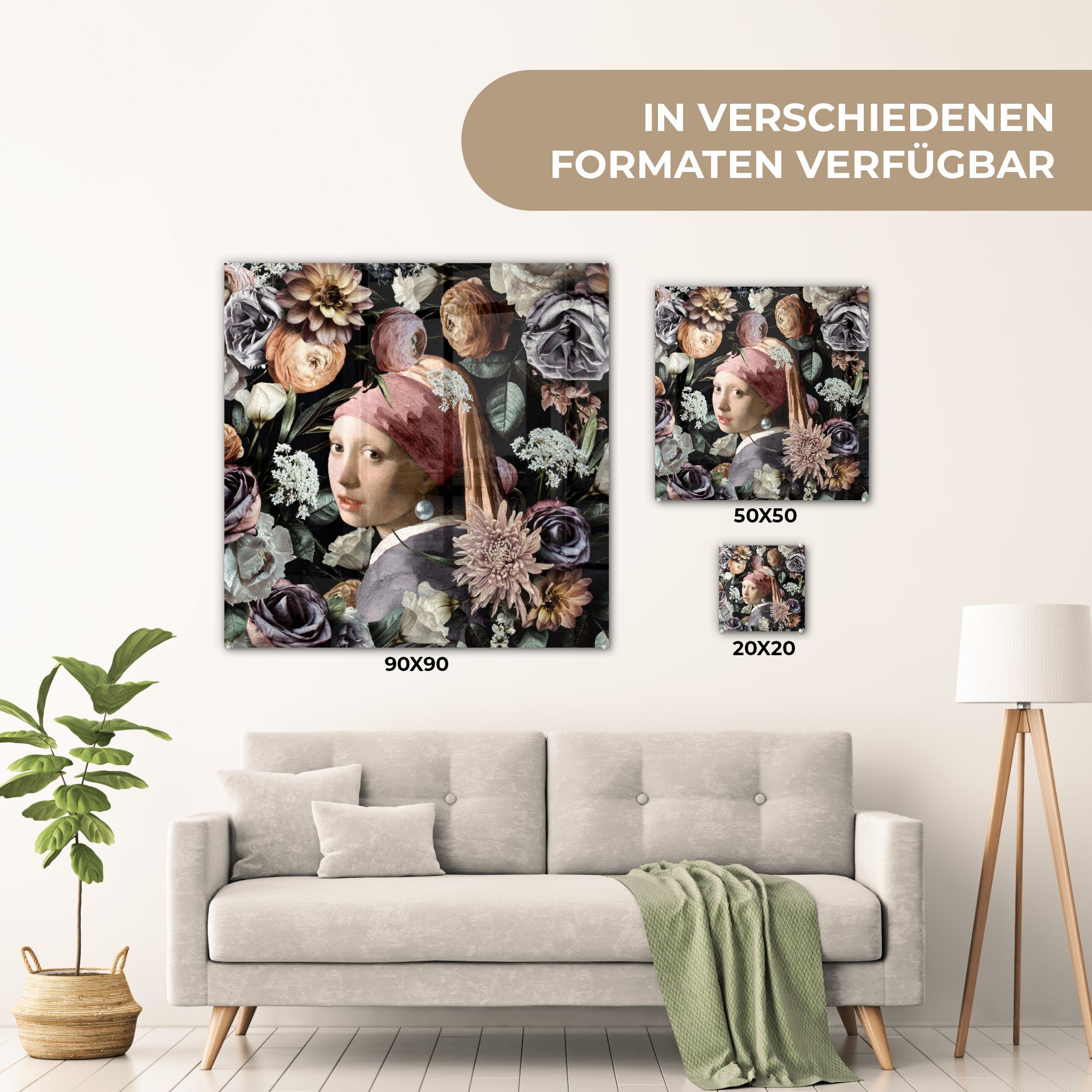 - Kunstwerk MuchoWow -, Perlenohrring Blumen - Glasbilder Mädchen Bilder auf bunt auf - Acrylglasbild Glas Vermeer Foto - Glas Wandbild - Pastell St), - Wanddekoration mit - (1