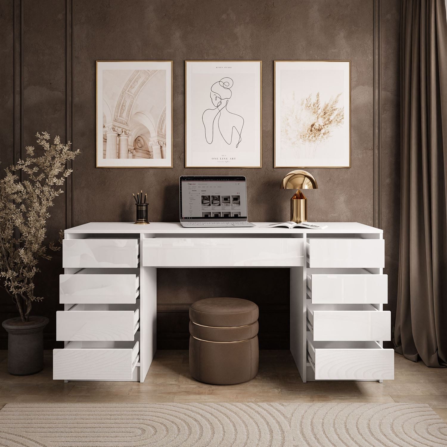 ALLHOUSE24 Schreibtisch MAYA DOUBLE mit 9 Schubladen Hochglanz Fronten weiß oder kaschmir, Breite 152 cm