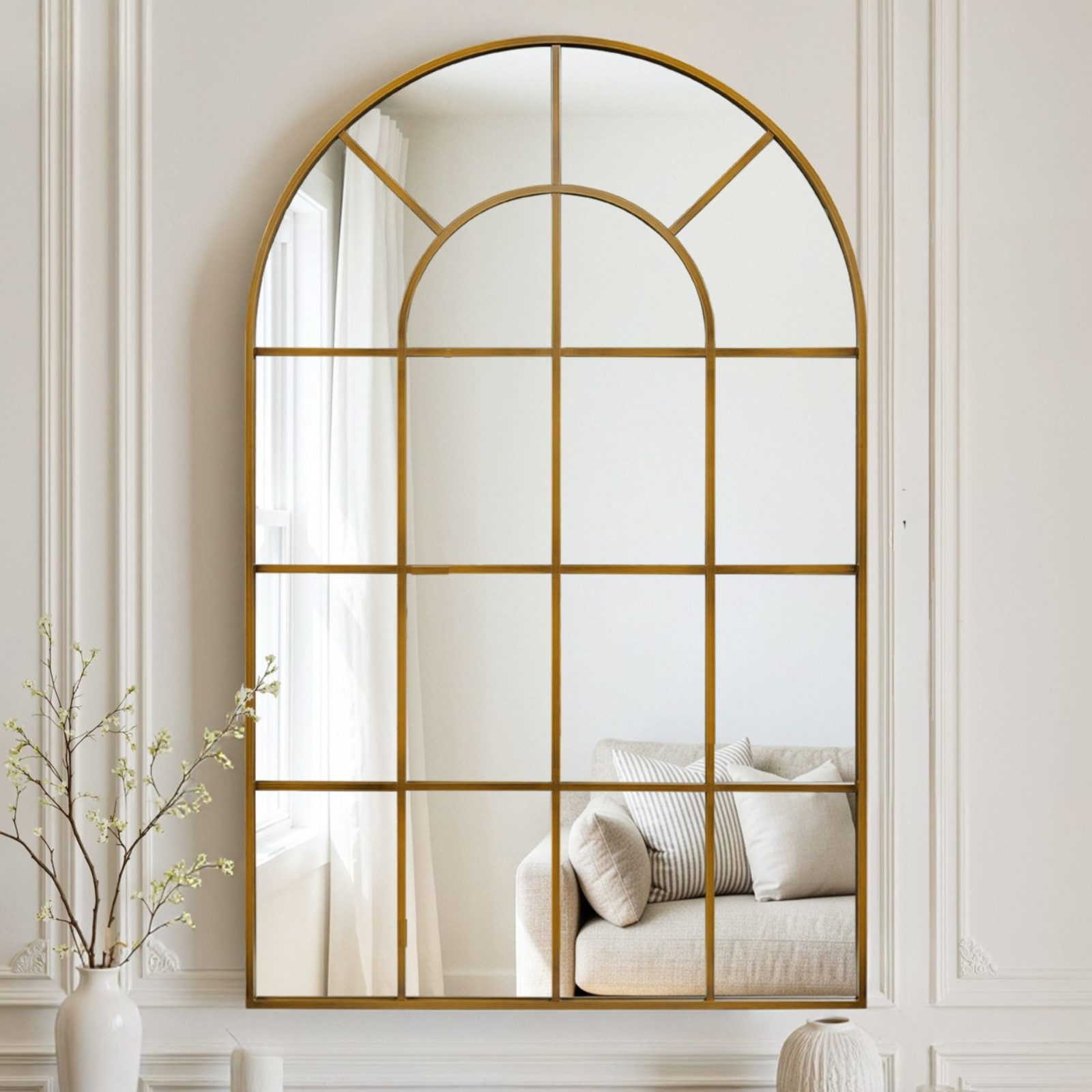 LUNAMIRROR Wandspiegel in Bogenform, mit Gitterdesign und Metallrahmen (1-St), hängend & anlehnbar