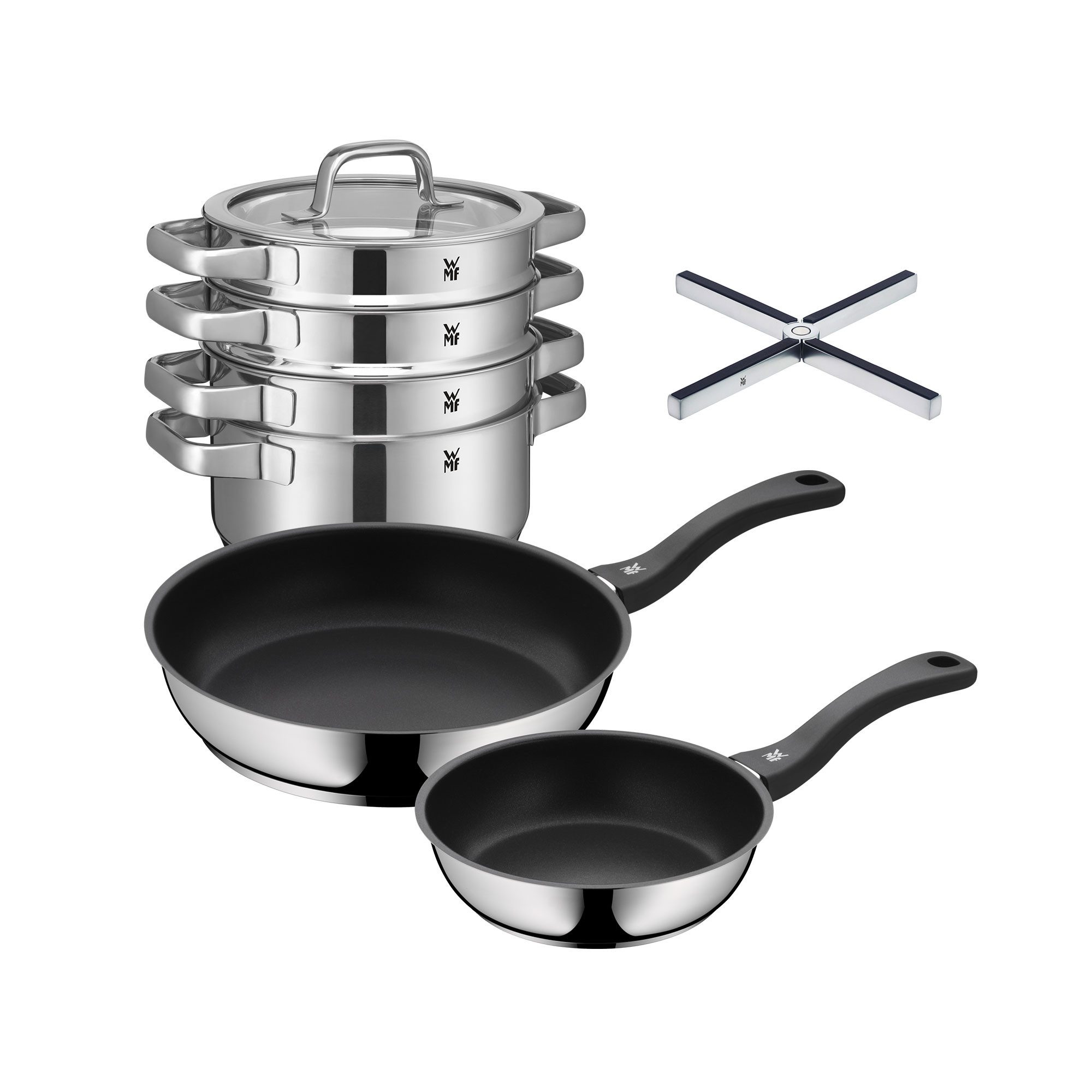 WMF Topf-Set 4-teilig mit Glasdeckel, Devil Pfannenset 2-teilig und Topfuntersetzer