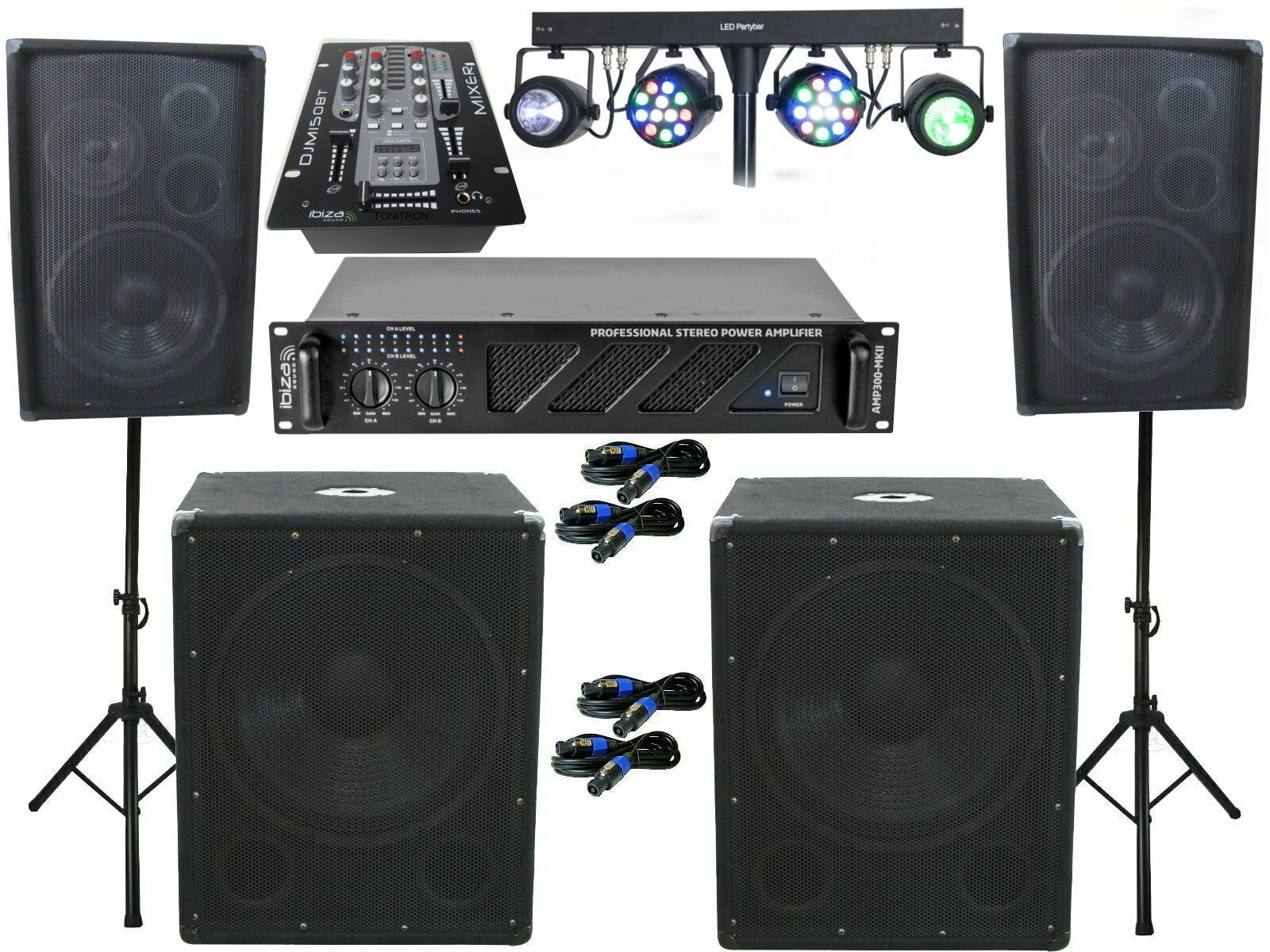 Pa Anlage 25cm Boxen Stativ 38cm Subwoofer Mixer 3280W LED Lichtset Party-Lautsprecher