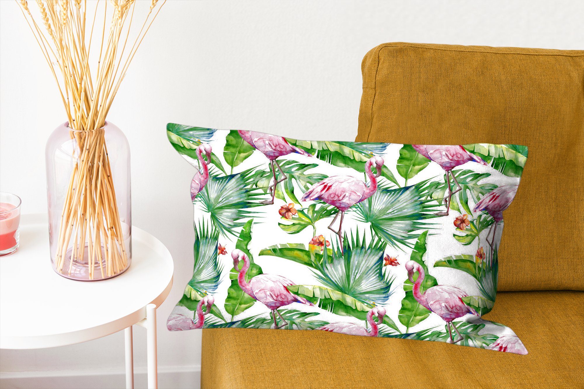 Wohzimmer - Zierkissen, Blätter Flamingo Dschungel, Dekokissen mit - Dekokissen MuchoWow Füllung, Blumen Schlafzimmer - Dekoration,