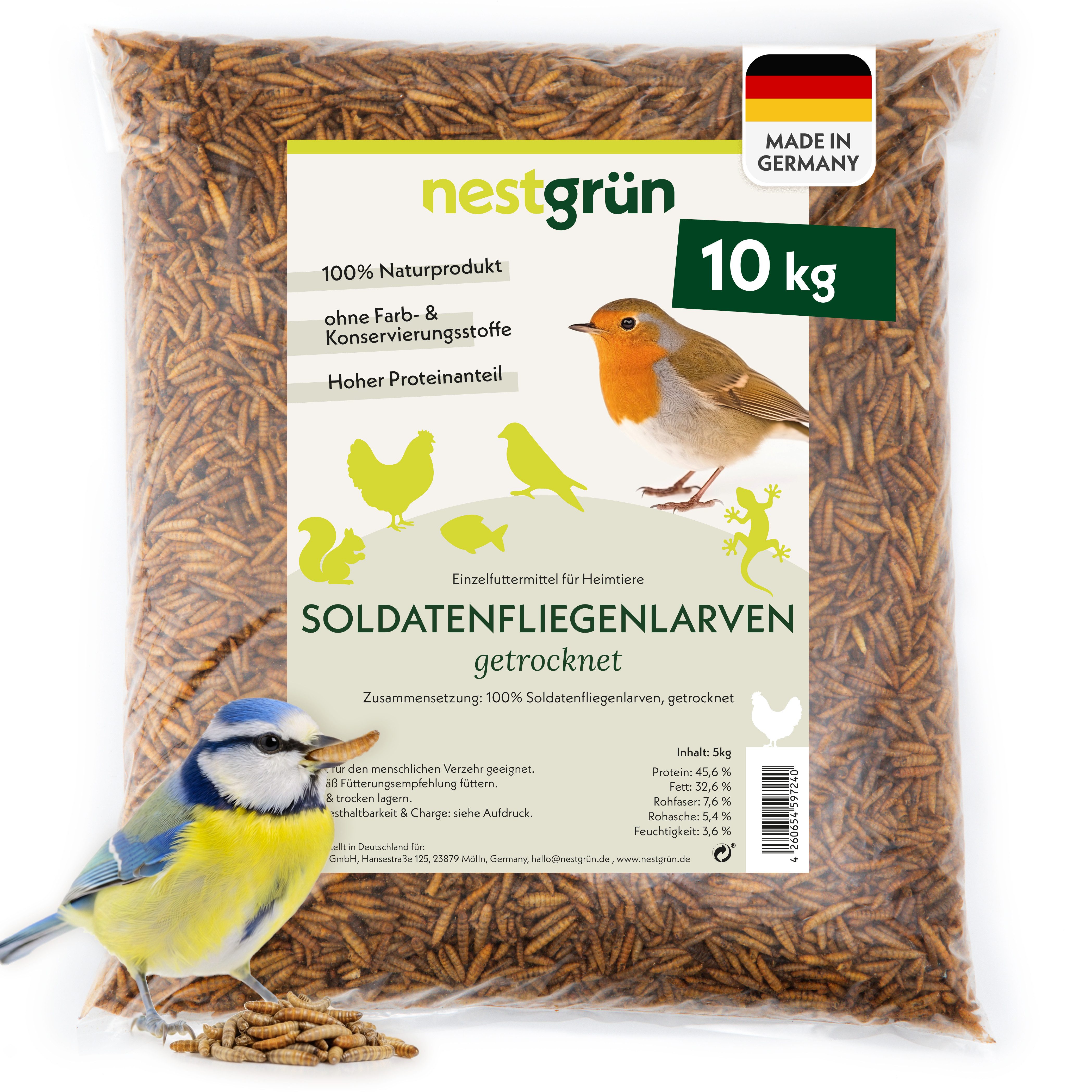 Nestgrün Soldatenfliegenlarven getrocknet, Snack für: Reptilien, Fische, Wildvögel, Igel, Nager, Hühner, Eichhörnchen, proteinreicher Snack, 100% natürlich