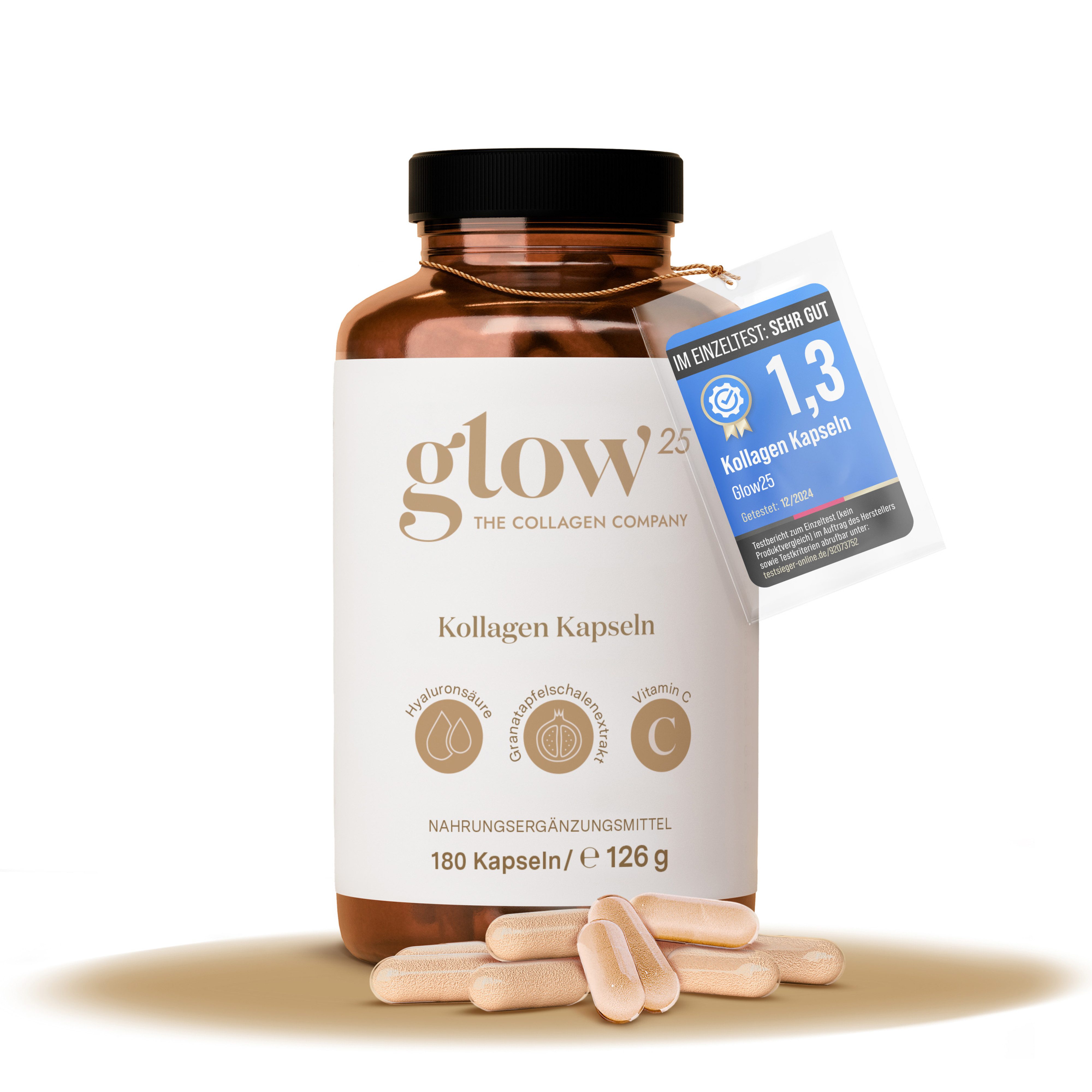 Glow25 Kollagen Kapseln [180 Kapseln] mit Hyaluronsäure und Vitamin C Kapseln, 126 g