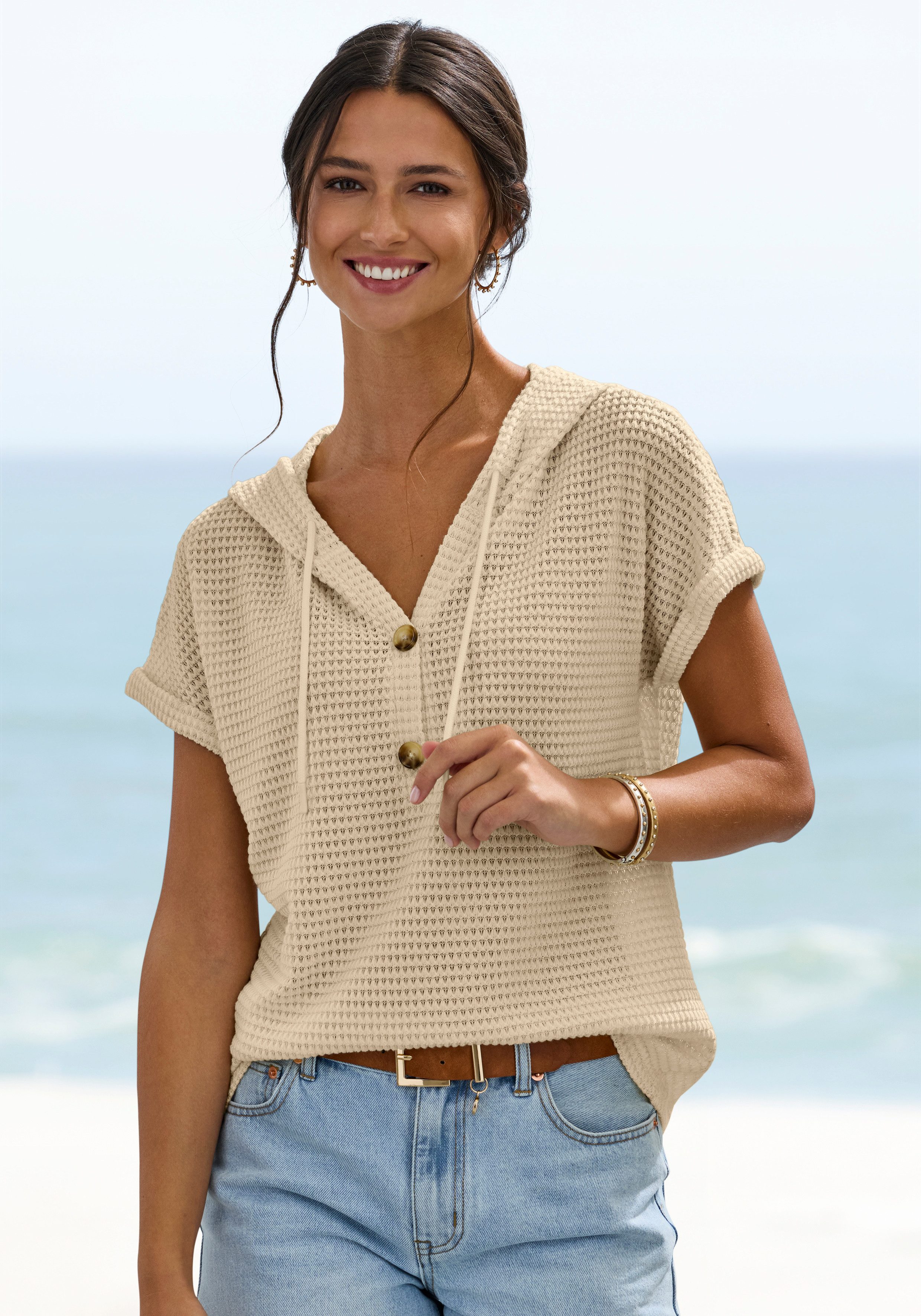 LASCANA Kapuzenshirt aus sommerlichem Waffelstrick Sommerhoody mit Knopfleiste