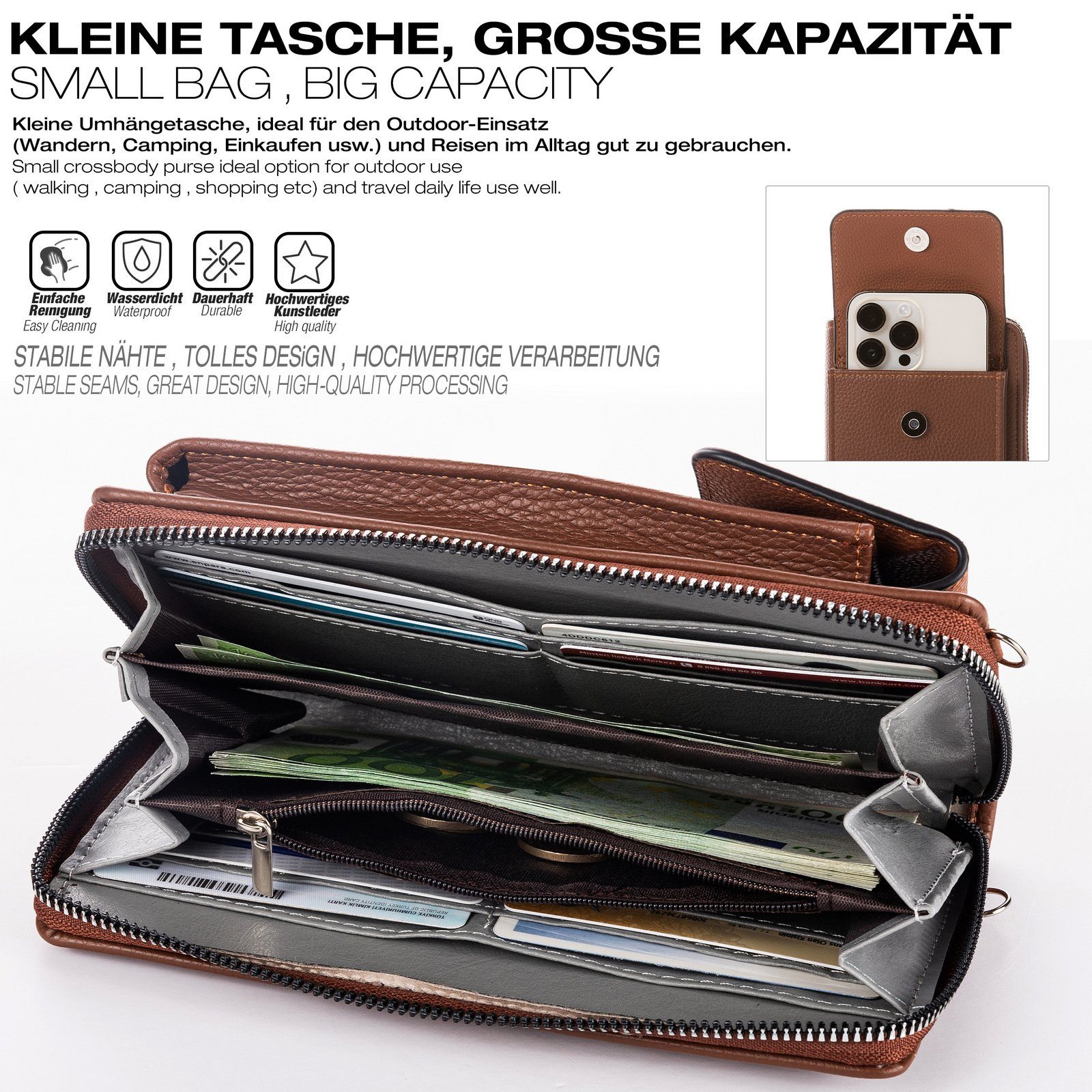 Handyfach Tasche Umhängetasche Handytasche Umhängetasche Portemonnaie, LOREZA RFID mit Schutz 2-Teilig Umhängetasche Damen Braun Geldbörse Geldbörse -