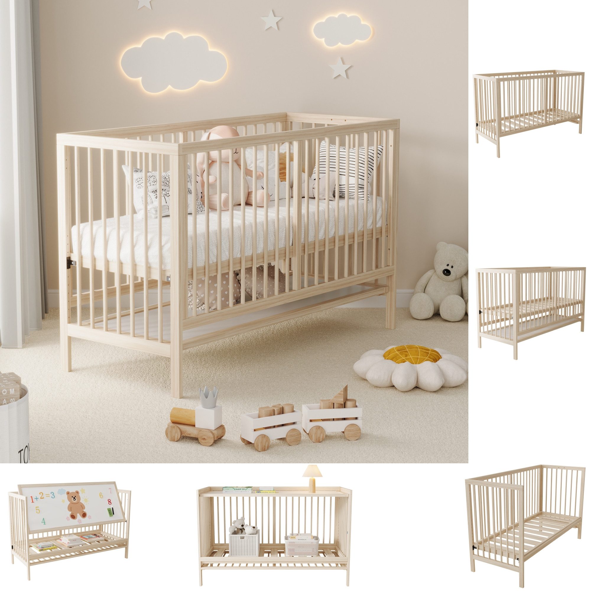 Flieks Babybett, Kinderbett Nebenbett 60x140x90cm mit Malerbrettständer, Schreibtisch