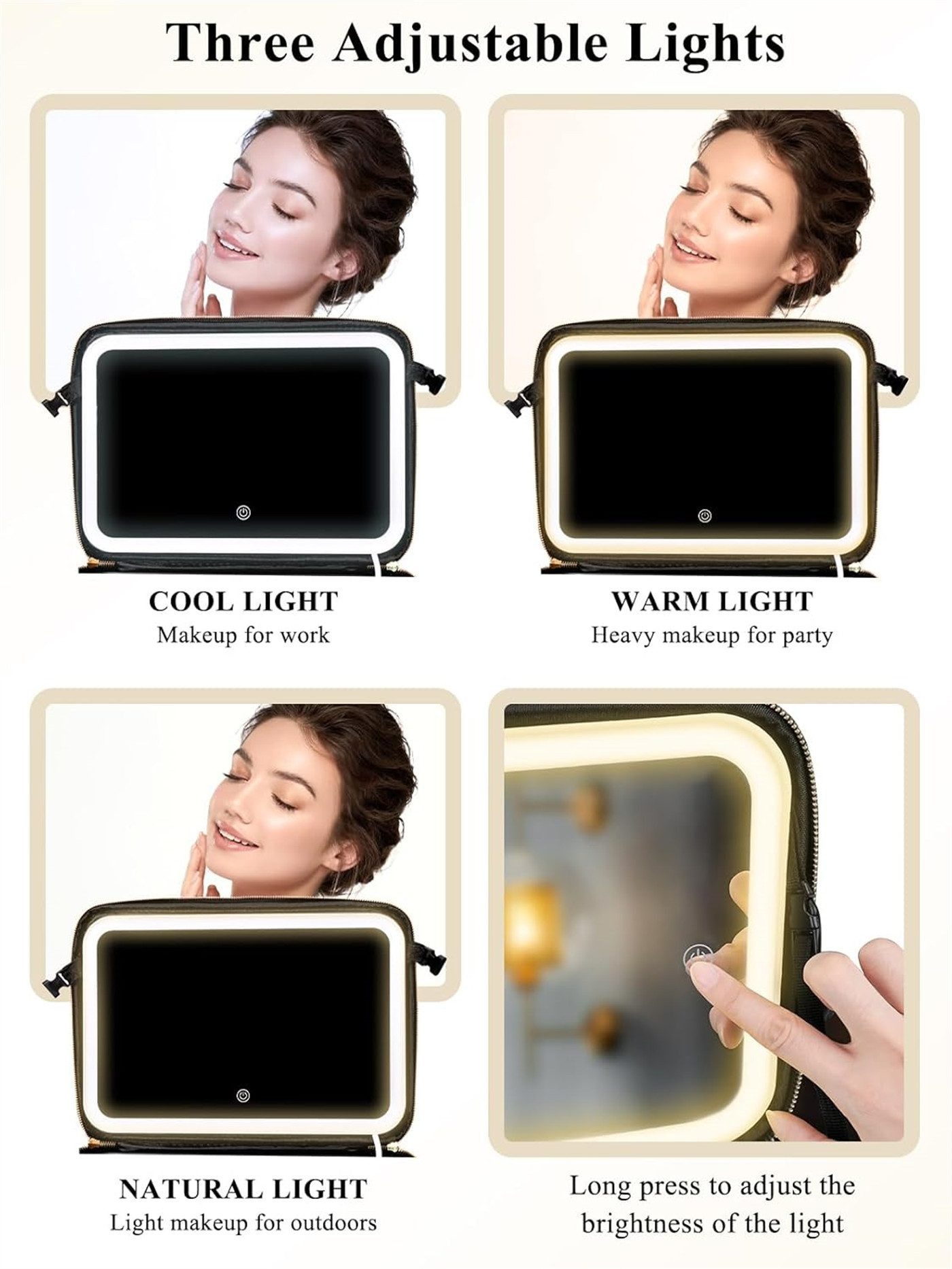 AURIVION Kosmetiktasche Kosmetiktasche Make up Tasche (Set, 1-tlg., USB-C Aufladung,Reisebox für Damen), Kosmetiktasche mit LED Spiegel SchminktascheMit großer Pinselstauraum