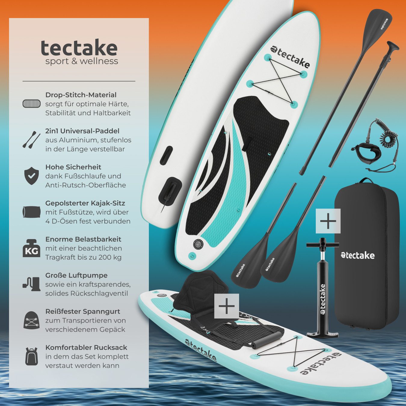 tectake SUP-Board Stand-Up Paddle Board 2in1, Belastbarkeit 200 kg, 288 x 77 x 22,5 cm, Stand-up Paddle, (Komplettset mit Rucksack, weiß/türkis), aufblasbar, stabil, leicht und rutschfest