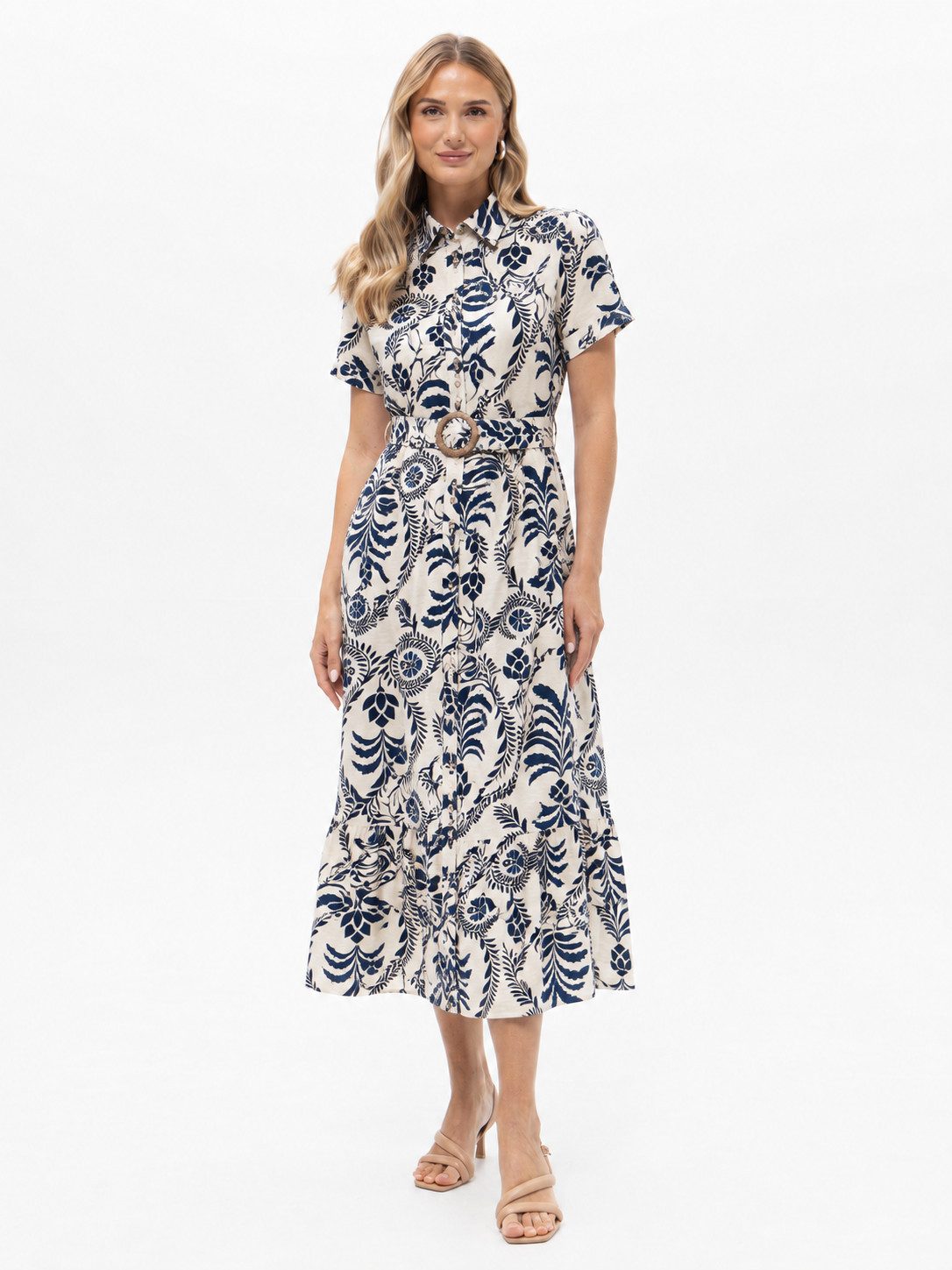 Passioni Hemdblusenkleid Maxikleid mit Print mit allover Print in Ecru-Navy