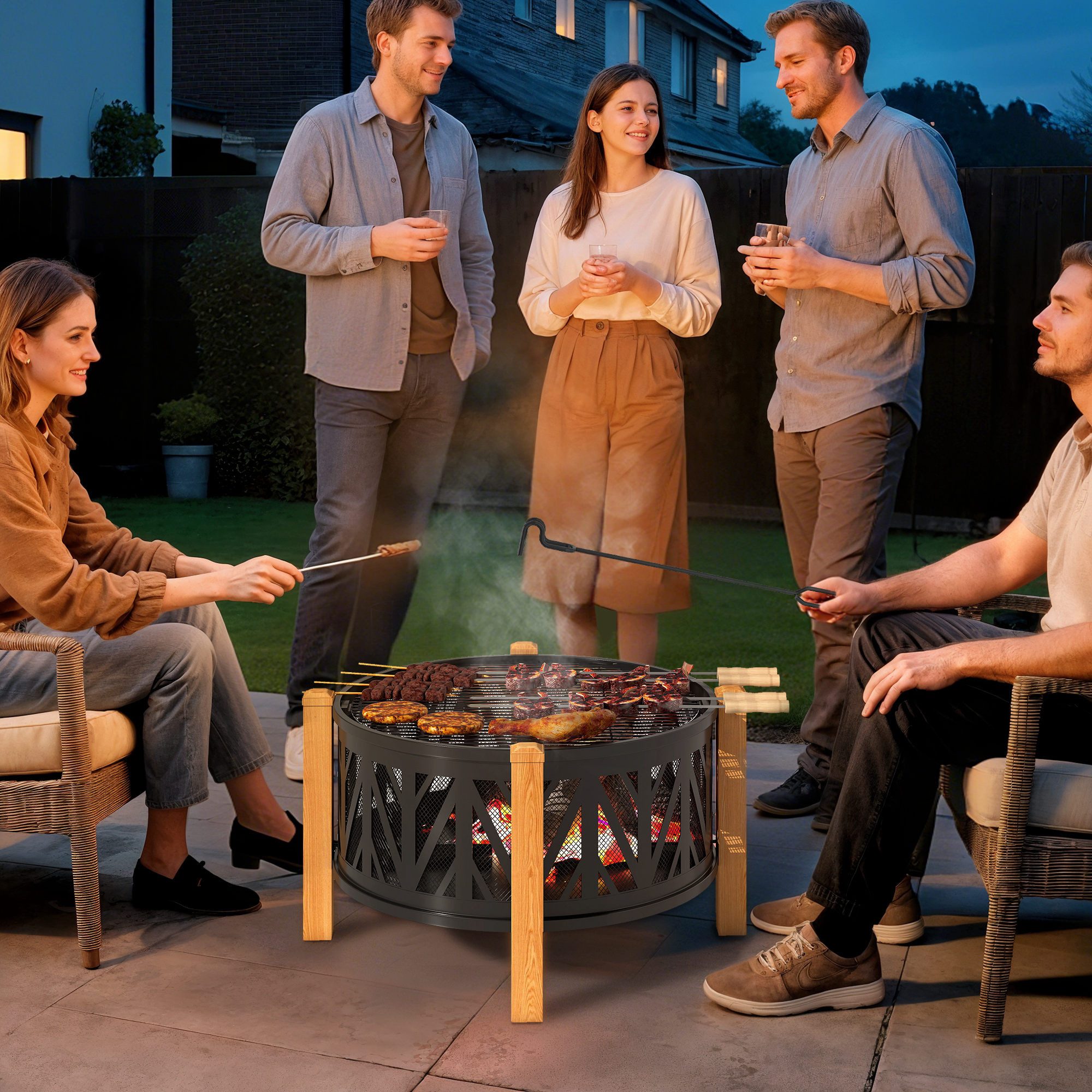 Outsunny Feuerschale Grillrost Ø75x58cm mit Funkenschutz Schürhaken Feuerschalen, (2-in-1 Feuerstelle, 4-St., Feuerkorb), für Garten, Balkon Terrasse, Outdoor BBQ Camping Schwarz+Braun