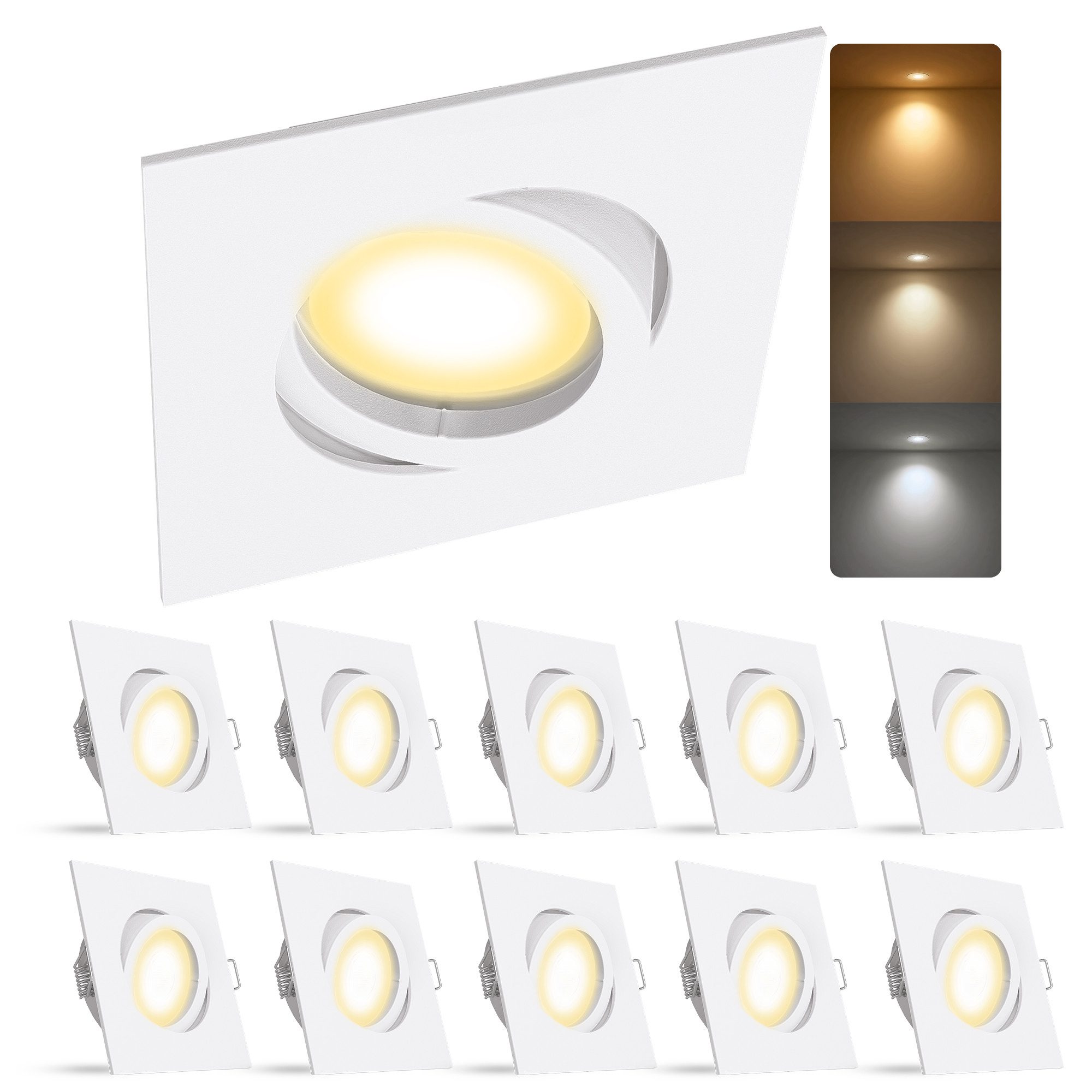 linovum LED Einbaustrahler 10x LED Einbaustrahler Spots drei Lichtfarben 3CCT GU10 6W 230V eckig, Tageslichtweiß, Warmweiß, Neutralweiß