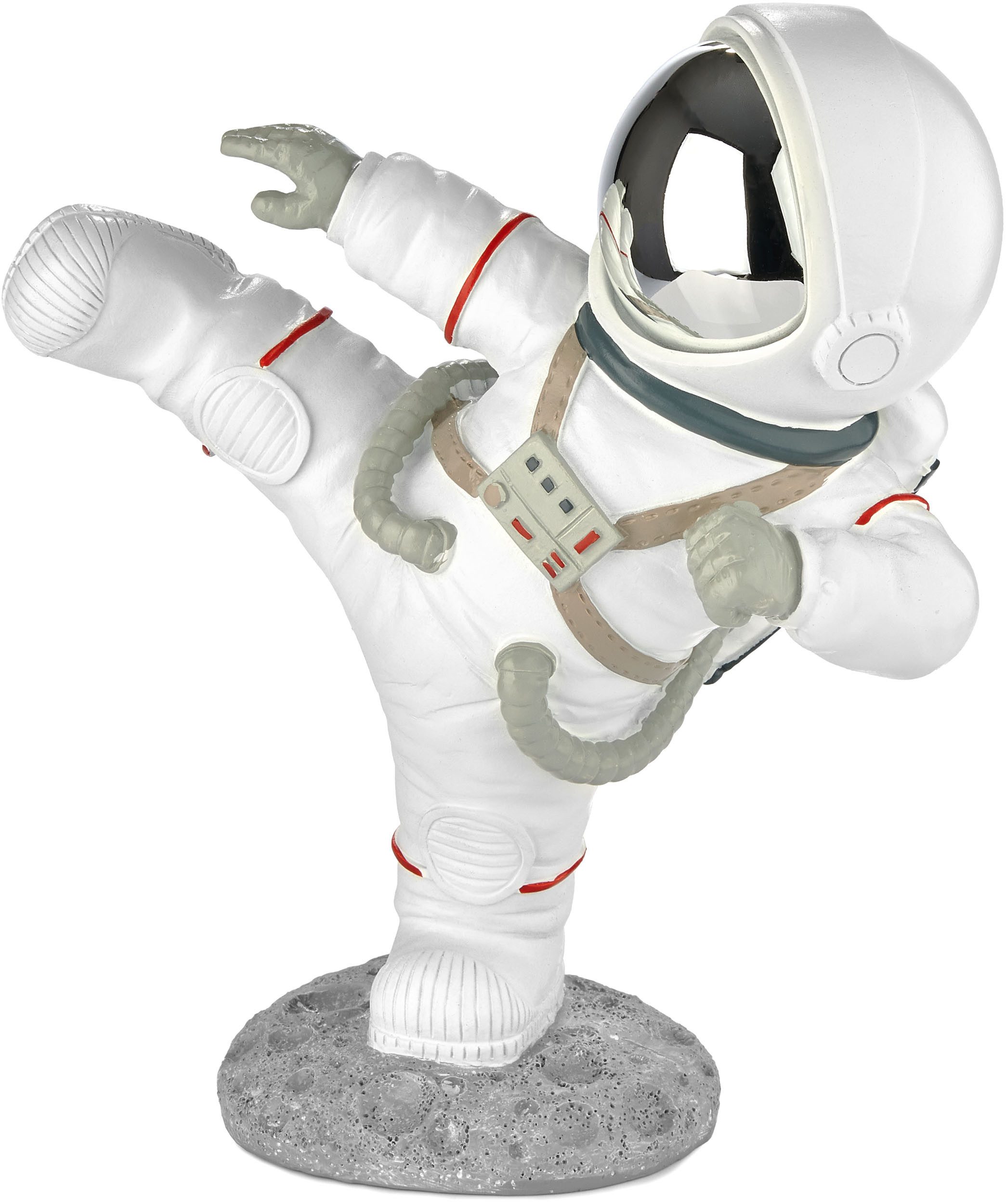 BRUBAKER Dekofigur Astronaut in Karate Pose - High Kick - 19cm Figur mit verchromtem Helm (Deko Weltraum Skulptur, 1 St., Dekoration - Weiß), Handbemalte moderne Raumfahrt Statue