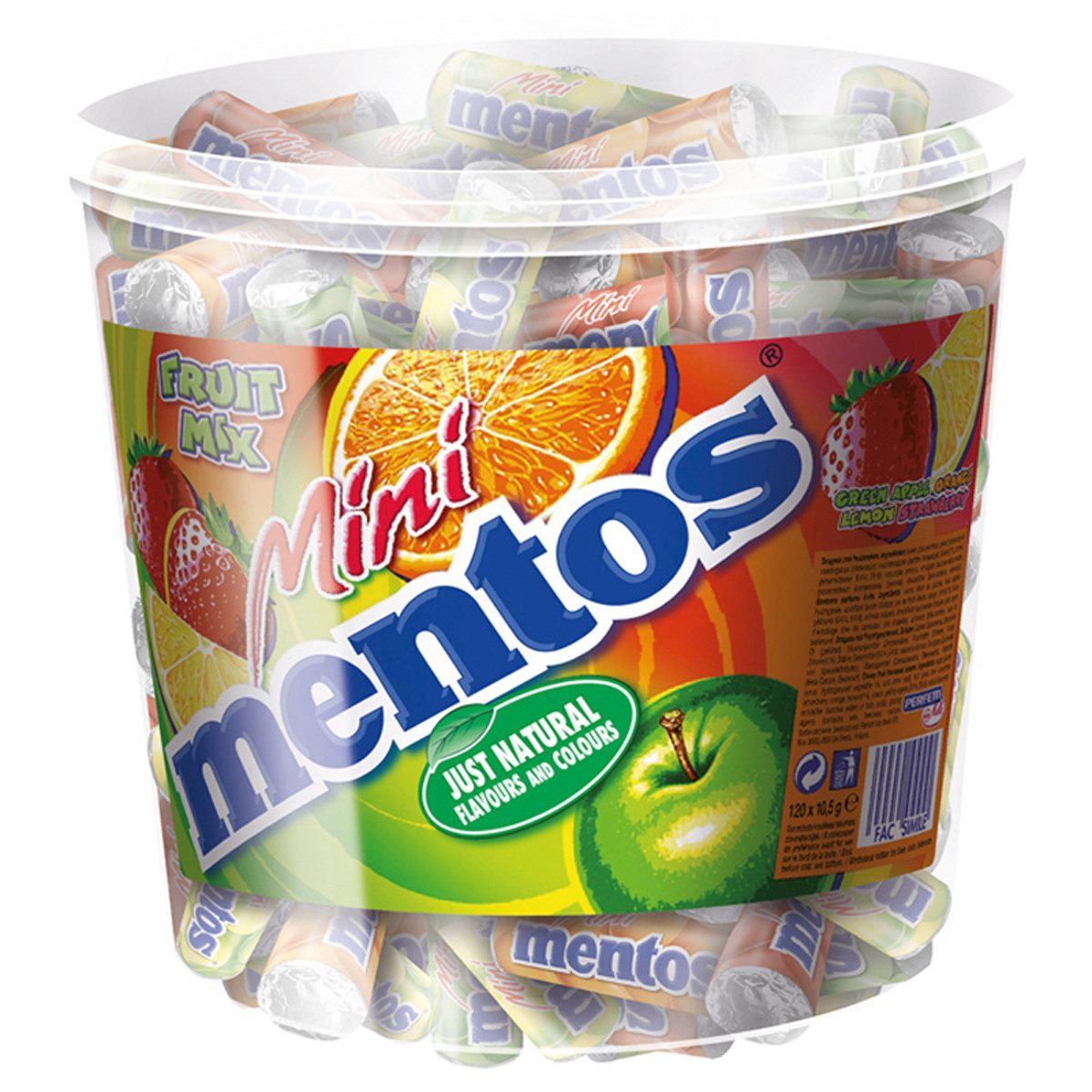 MENTOS Süßigkeit, Mentos Mini Fruit 120 Rollen Kaudragees Fruchtgeschmack in Dose 1260g